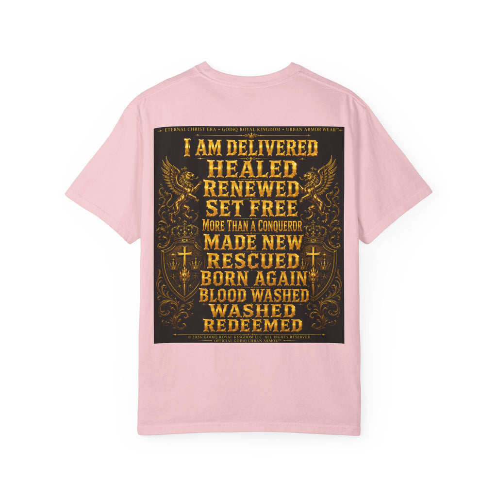 GODiQ Royal Kingdom™ Decree & Declare Christian T-Shirt – Premium Inspirational Faith Tee | "I Am Delivered, Healed, Renewed" Scripture Apparel | Comfort Colors 1717