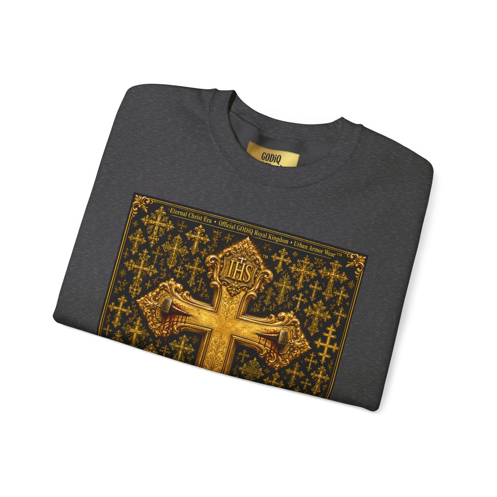 GODiQ Royal Kingdom™ Jesus Christ Died For Our Sins Crewneck Sweatshirt – Luxury 24K Gold Cross Christian Sweatshirt | Premium Faith Graphic Pullover | Religious Streetwear | Urban Armor Wear™