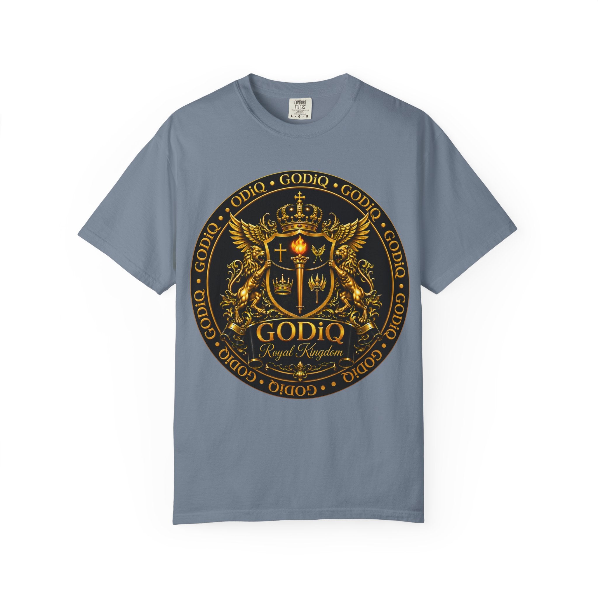 GODiQ Royal Kingdom™ Royal Crest T-Shirt – Luxury Christian Coat of Arms Graphic Tee | Premium Garment-Dyed Faith Apparel | Regal Kingdom Streetwear