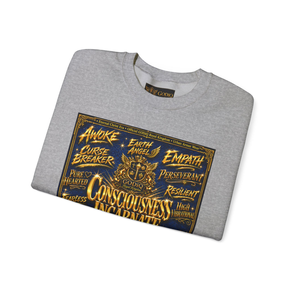 Consciousness Incarnate™ Crewneck Sweatshirt – Luxury Christian Graphic Sweatshirt | "Awake For All Eternity" Premium Kingdom Apparel | GODiQ Royal Kingdom™ Urban Armor Wear