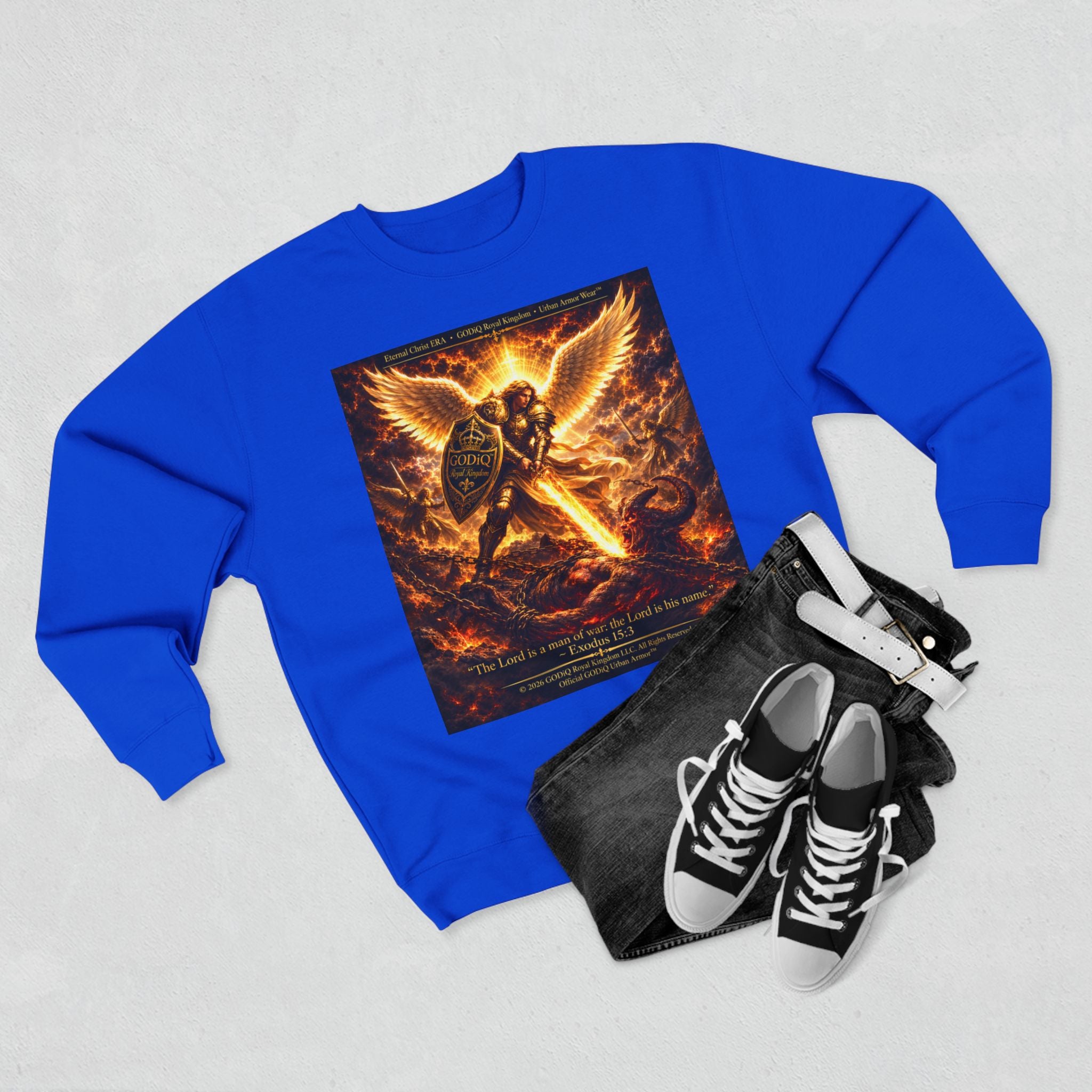 GODiQ™ Royal Kingdom Urban Armor™ "The Sword of the Spirit" Christian Crewneck Sweatshirt | Luxury Spiritual Warfare Graphic Sweatshirt | Premium Faith-Based Apparel