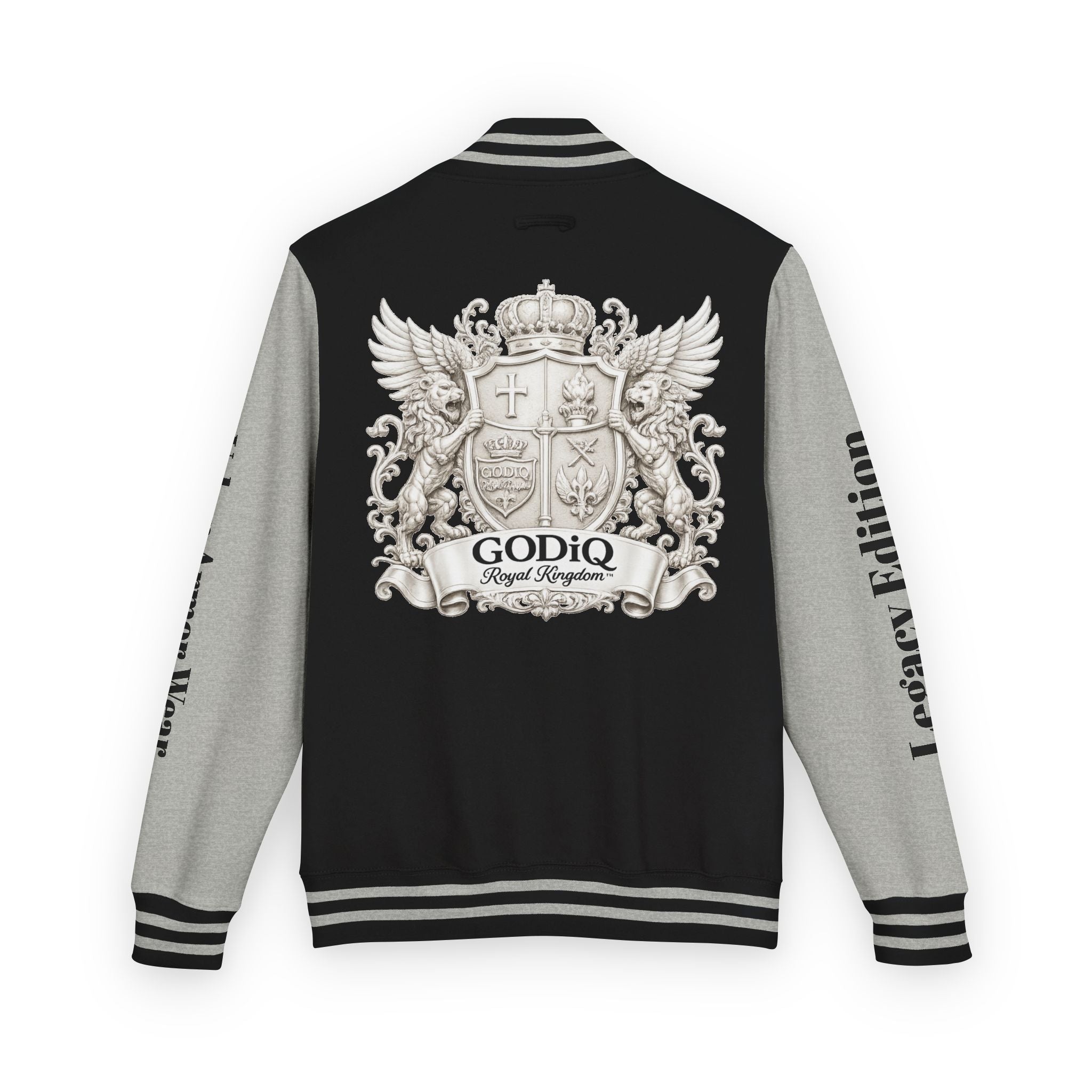 GODiQ Royal Kingdom™ Crest Letterman Jacket – Luxury Christian Varsity Jacket | Premium Heritage Streetwear | Urban Armor Wear™ Collegiate Bomber Coat