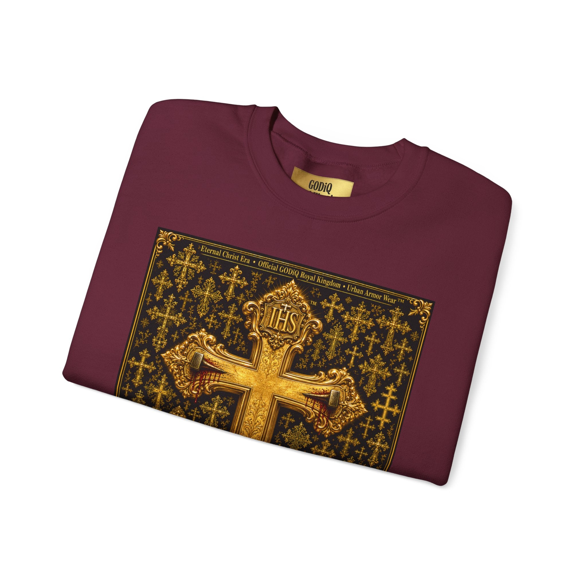 GODiQ Royal Kingdom™ Jesus Christ Died For Our Sins Crewneck Sweatshirt – Luxury 24K Gold Cross Christian Sweatshirt | Premium Faith Graphic Pullover | Religious Streetwear | Urban Armor Wear™