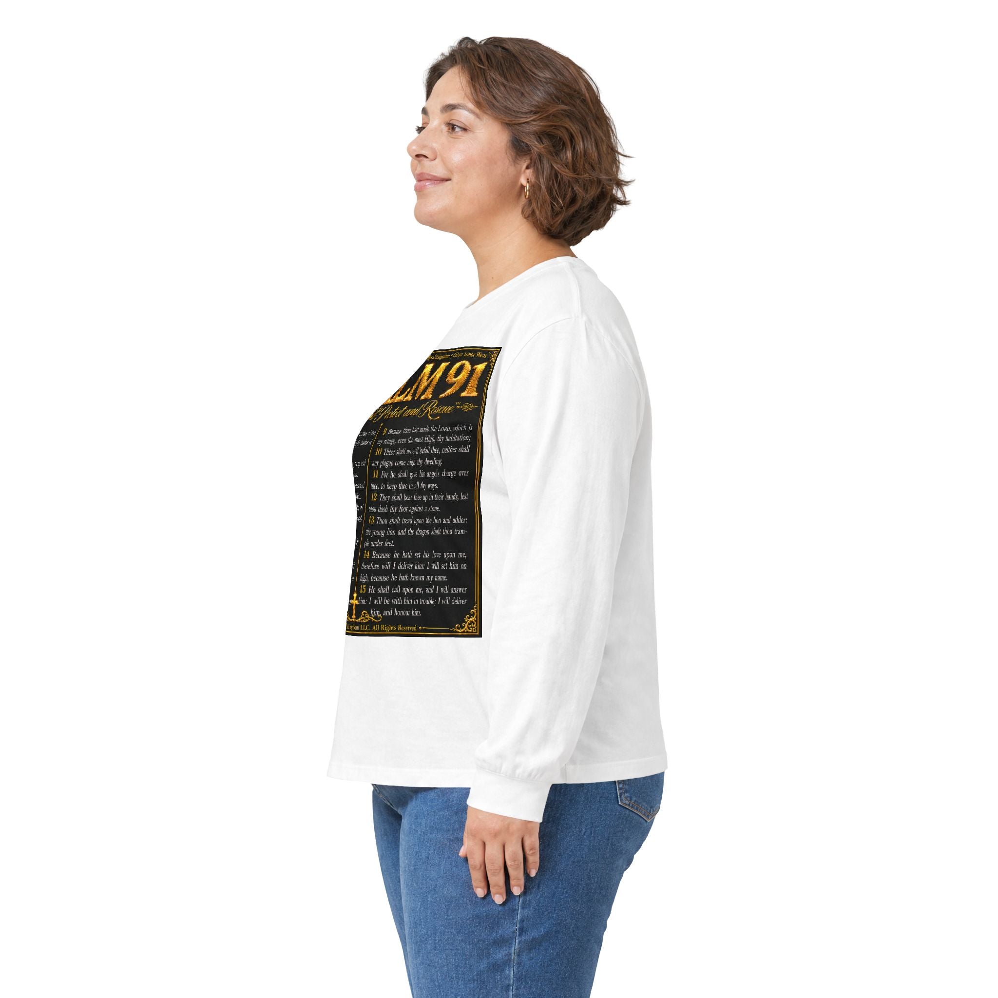 Psalm 91™ Long Sleeve Christian T-Shirt | God's Promise of Divine Protection | Premium Biblical Prayer Shirt | Luxury Faith-Based Scripture Apparel | GODiQ Royal Kingdom™ Urban Armor Wear