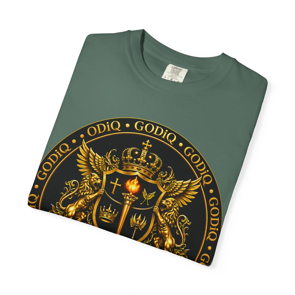 GODiQ Royal Kingdom™ Royal Crest T-Shirt – Luxury Christian Coat of Arms Graphic Tee | Premium Garment-Dyed Faith Apparel | Regal Kingdom Streetwear