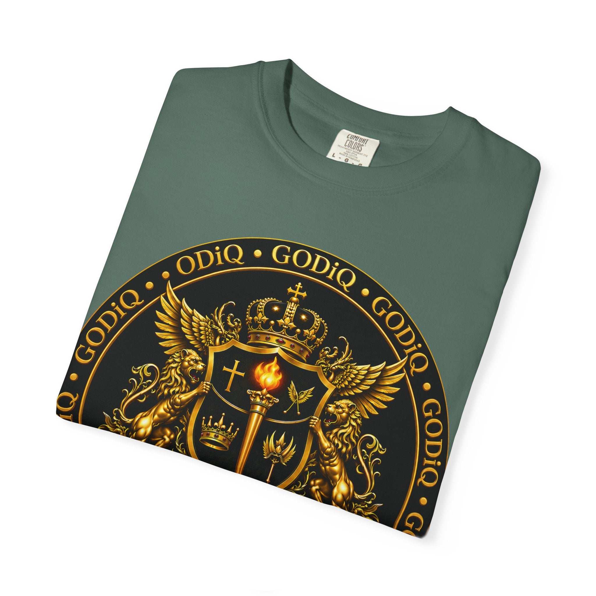 GODiQ Royal Kingdom™ Royal Crest T-Shirt – Luxury Christian Coat of Arms Graphic Tee | Premium Garment-Dyed Faith Apparel | Regal Kingdom Streetwear