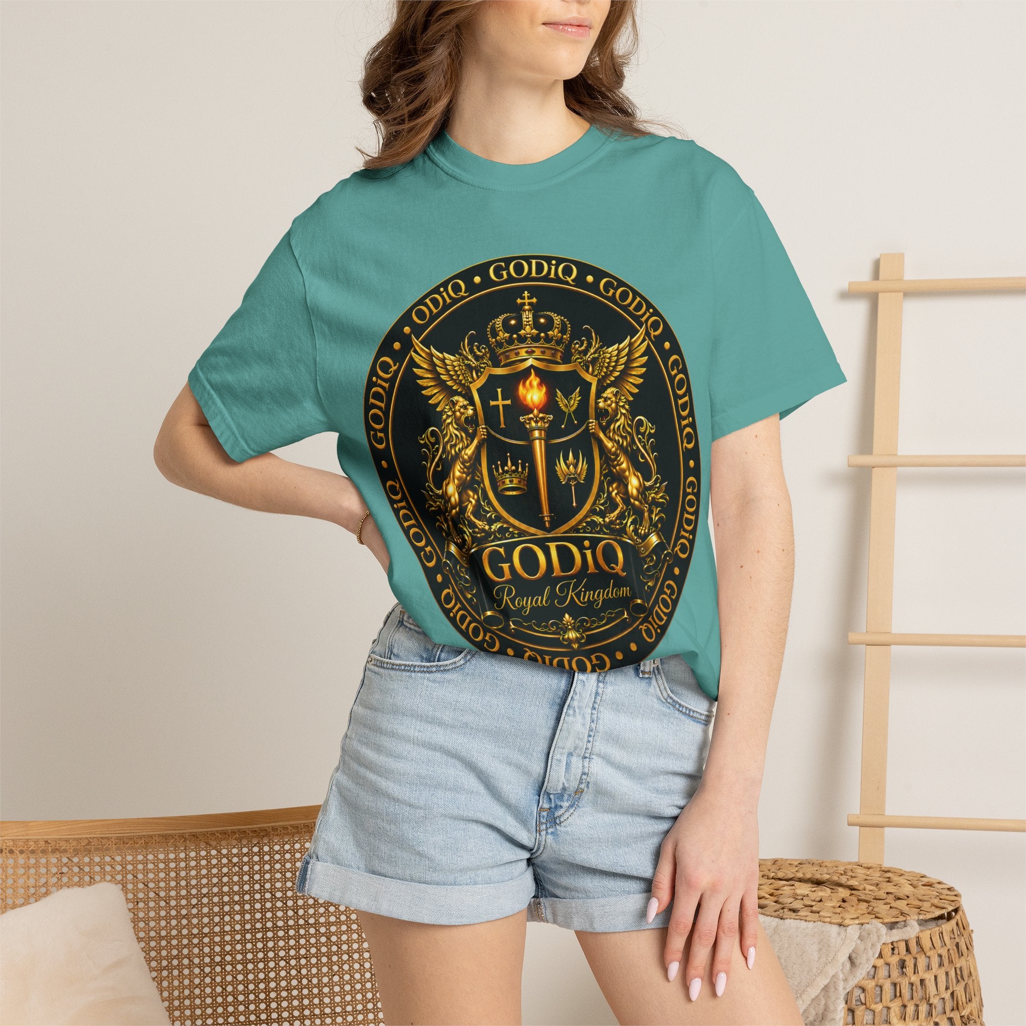 GODiQ Royal Kingdom™ Royal Crest T-Shirt – Luxury Christian Coat of Arms Graphic Tee | Premium Garment-Dyed Faith Apparel | Regal Kingdom Streetwear