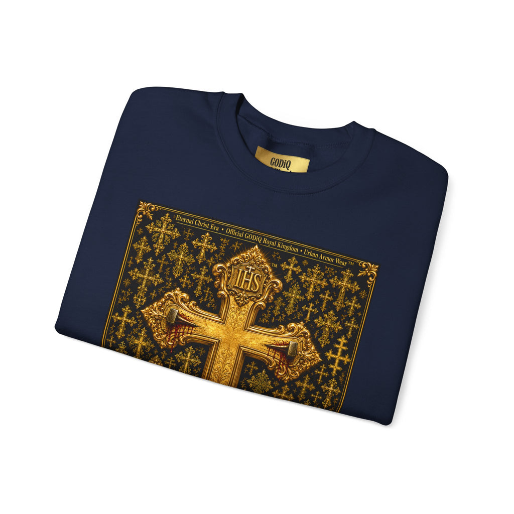 GODiQ Royal Kingdom™ Jesus Christ Died For Our Sins Crewneck Sweatshirt – Luxury 24K Gold Cross Christian Sweatshirt | Premium Faith Graphic Pullover | Religious Streetwear | Urban Armor Wear™