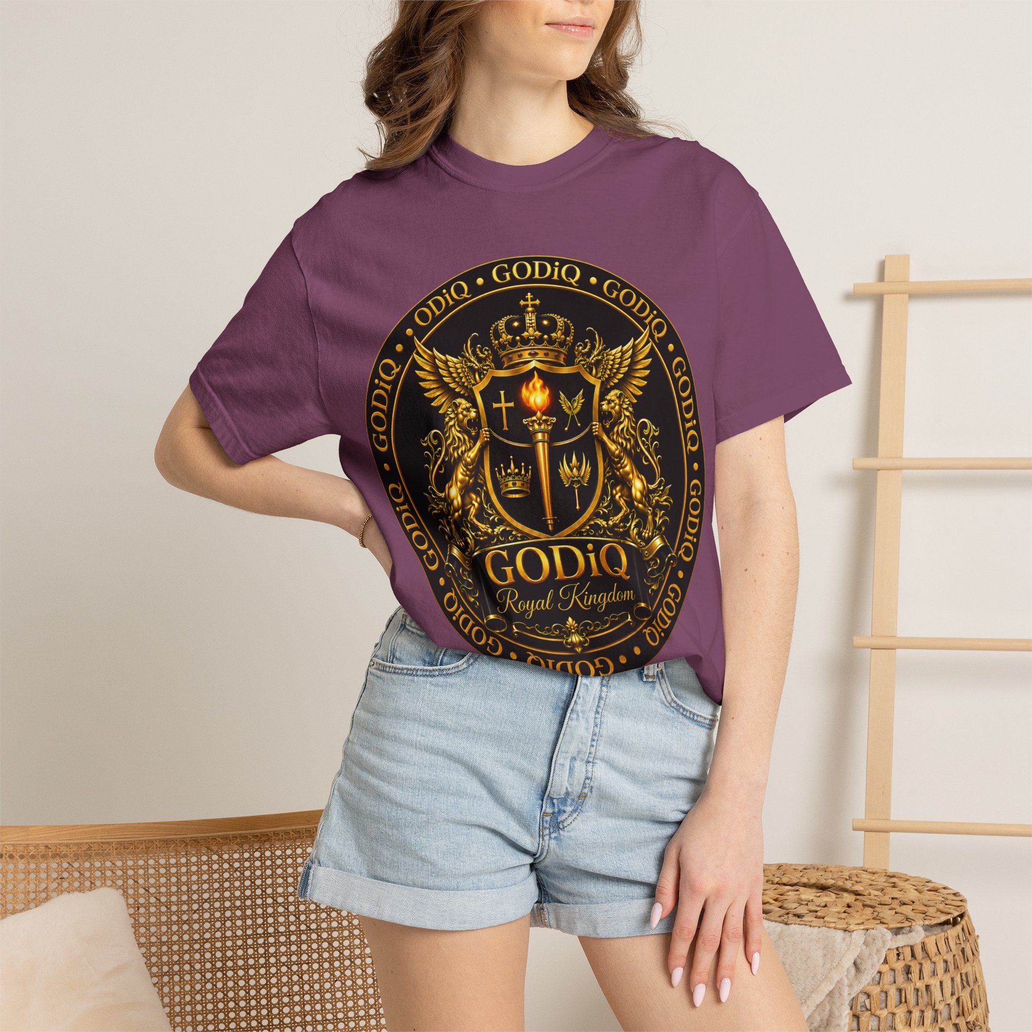 GODiQ Royal Kingdom™ Royal Crest T-Shirt – Luxury Christian Coat of Arms Graphic Tee | Premium Garment-Dyed Faith Apparel | Regal Kingdom Streetwear