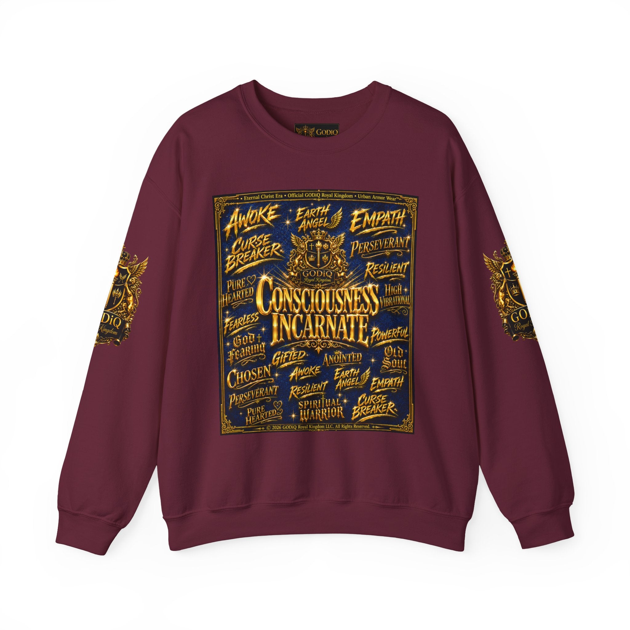 Consciousness Incarnate™ Crewneck Sweatshirt – Luxury Christian Graphic Sweatshirt | "Awake For All Eternity" Premium Kingdom Apparel | GODiQ Royal Kingdom™ Urban Armor Wear