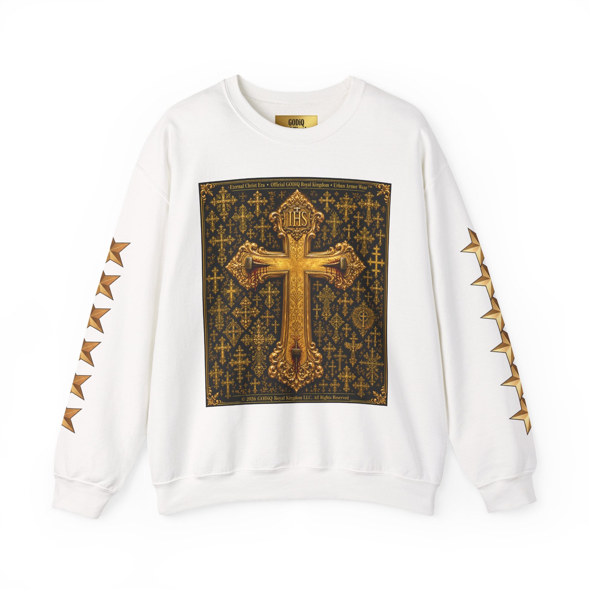 GODiQ Royal Kingdom™ Jesus Christ Died For Our Sins Crewneck Sweatshirt – Luxury 24K Gold Cross Christian Sweatshirt | Premium Faith Graphic Pullover | Religious Streetwear | Urban Armor Wear™