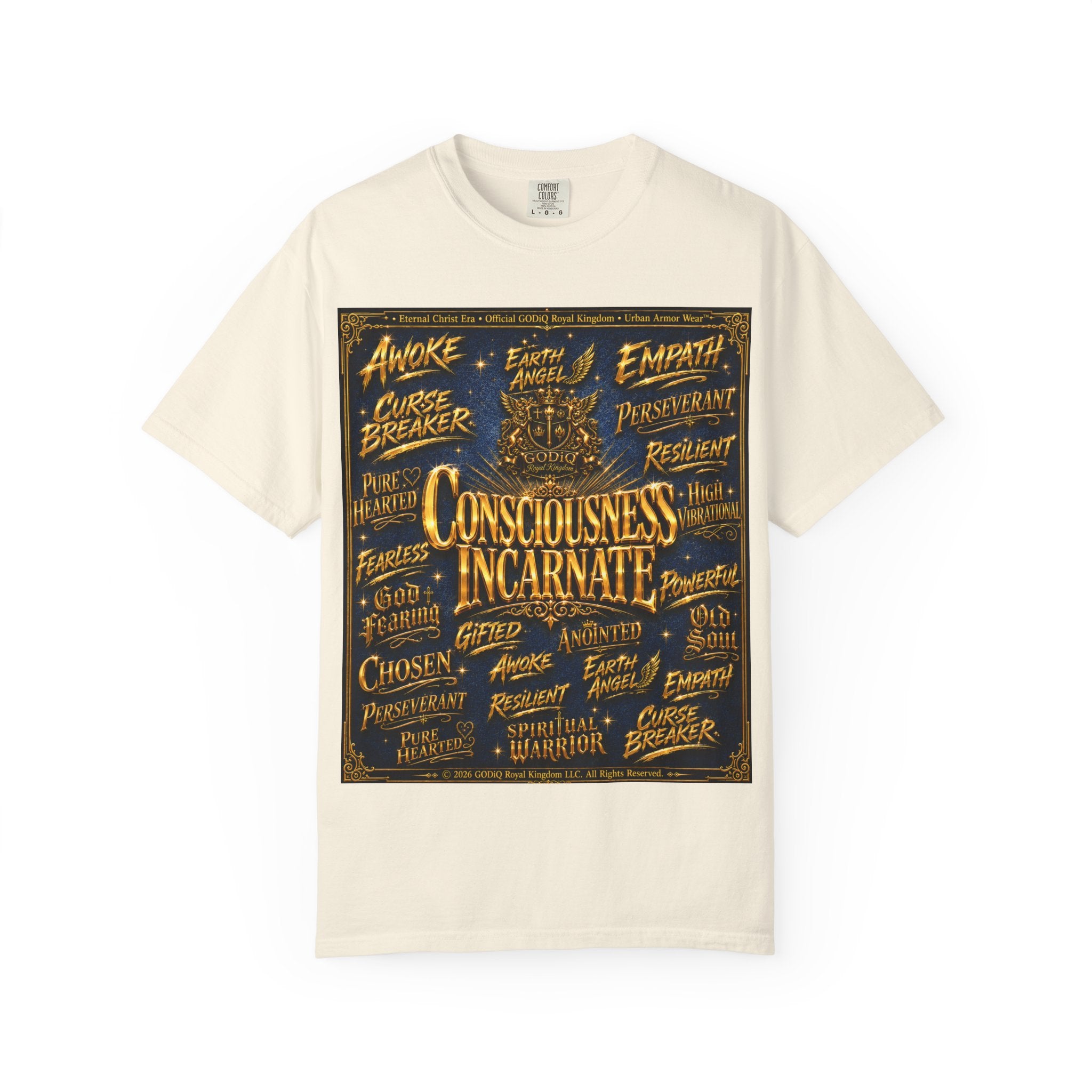 GODiQ Consciousness Incarnate™ Christian Graphic T-Shirt – Luxury Garment-Dyed Faith Apparel | "Awake For All Eternity!" Premium Heavyweight Tee | GODiQ Royal Kingdom™ Urban Armor Wear