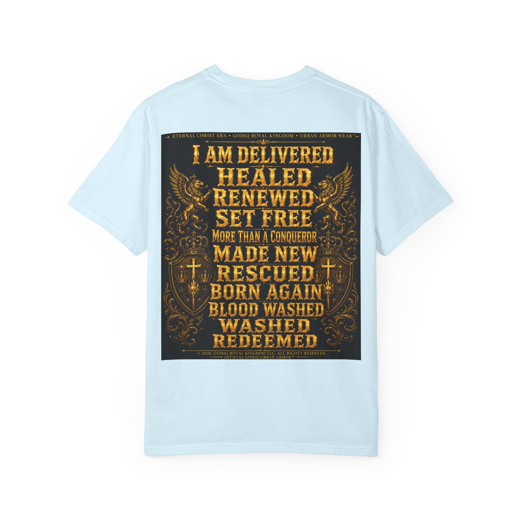 GODiQ Royal Kingdom™ Decree & Declare Christian T-Shirt – Premium Inspirational Faith Tee | "I Am Delivered, Healed, Renewed" Scripture Apparel | Comfort Colors 1717
