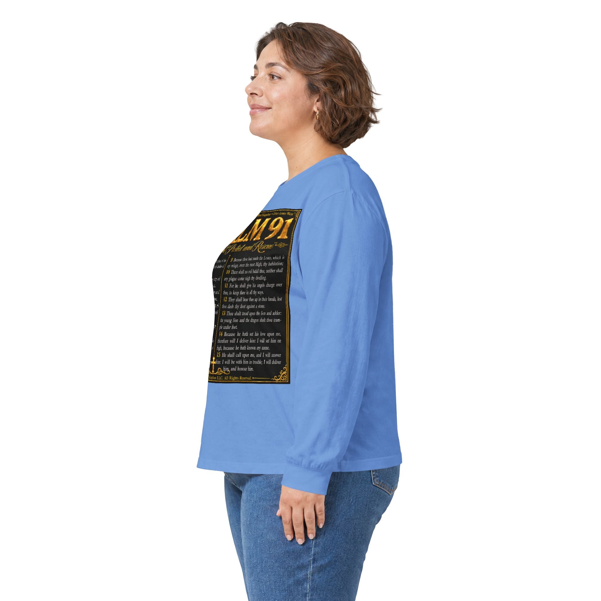 Psalm 91™ Long Sleeve Christian T-Shirt | God's Promise of Divine Protection | Premium Biblical Prayer Shirt | Luxury Faith-Based Scripture Apparel | GODiQ Royal Kingdom™ Urban Armor Wear