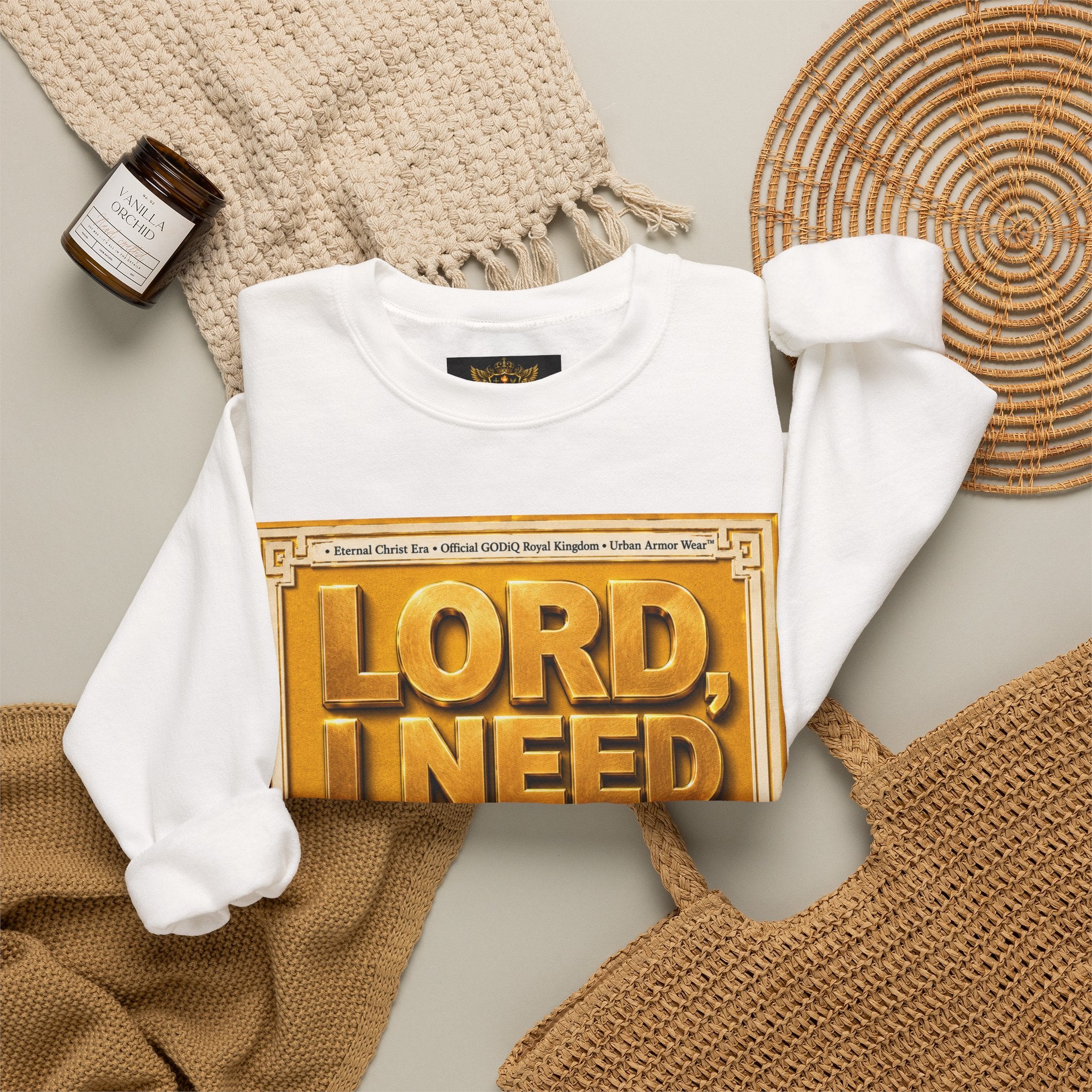 GODiQ Royal Kingdom™ "Lord I Need You Right Now" Crewneck Sweatshirt | Luxury Christian Graphic Sweatshirt | Premium Faith Streetwear | Gold Script Gospel Apparel