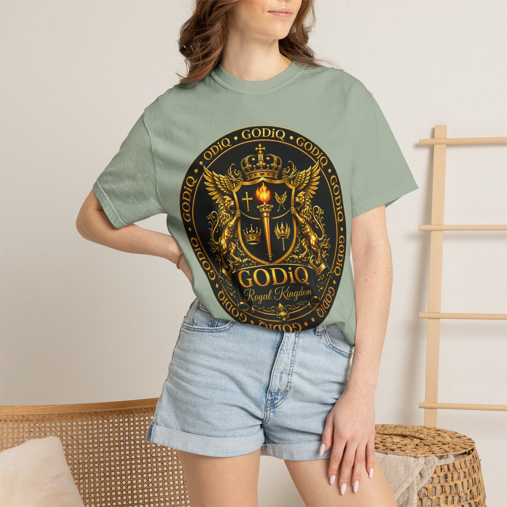 GODiQ Royal Kingdom™ Royal Crest T-Shirt – Luxury Christian Coat of Arms Graphic Tee | Premium Garment-Dyed Faith Apparel | Regal Kingdom Streetwear