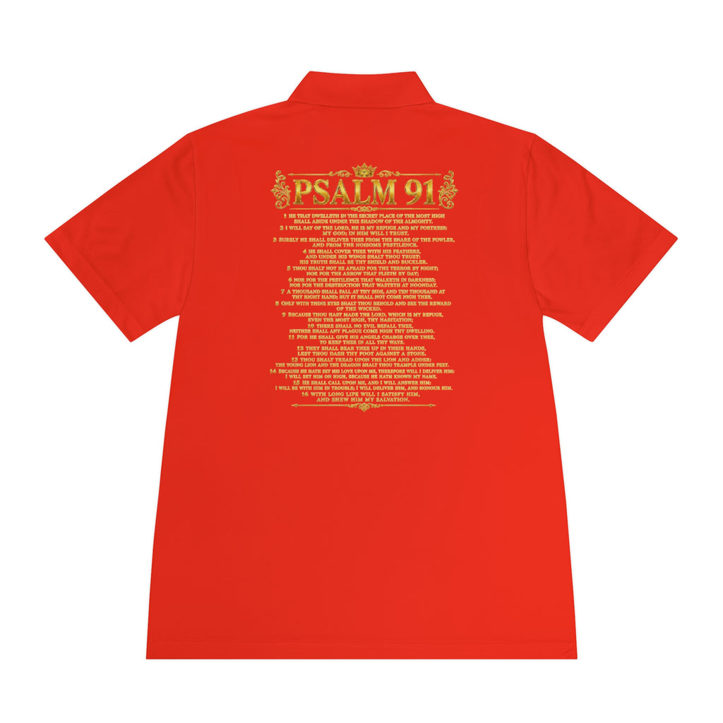 GODiQ Royal Kingdom™ Psalm 91 Men's Performance Polo – Premium Christian Golf Shirt | Luxury Gold Scripture Polo | Moisture-Wicking Faith Apparel