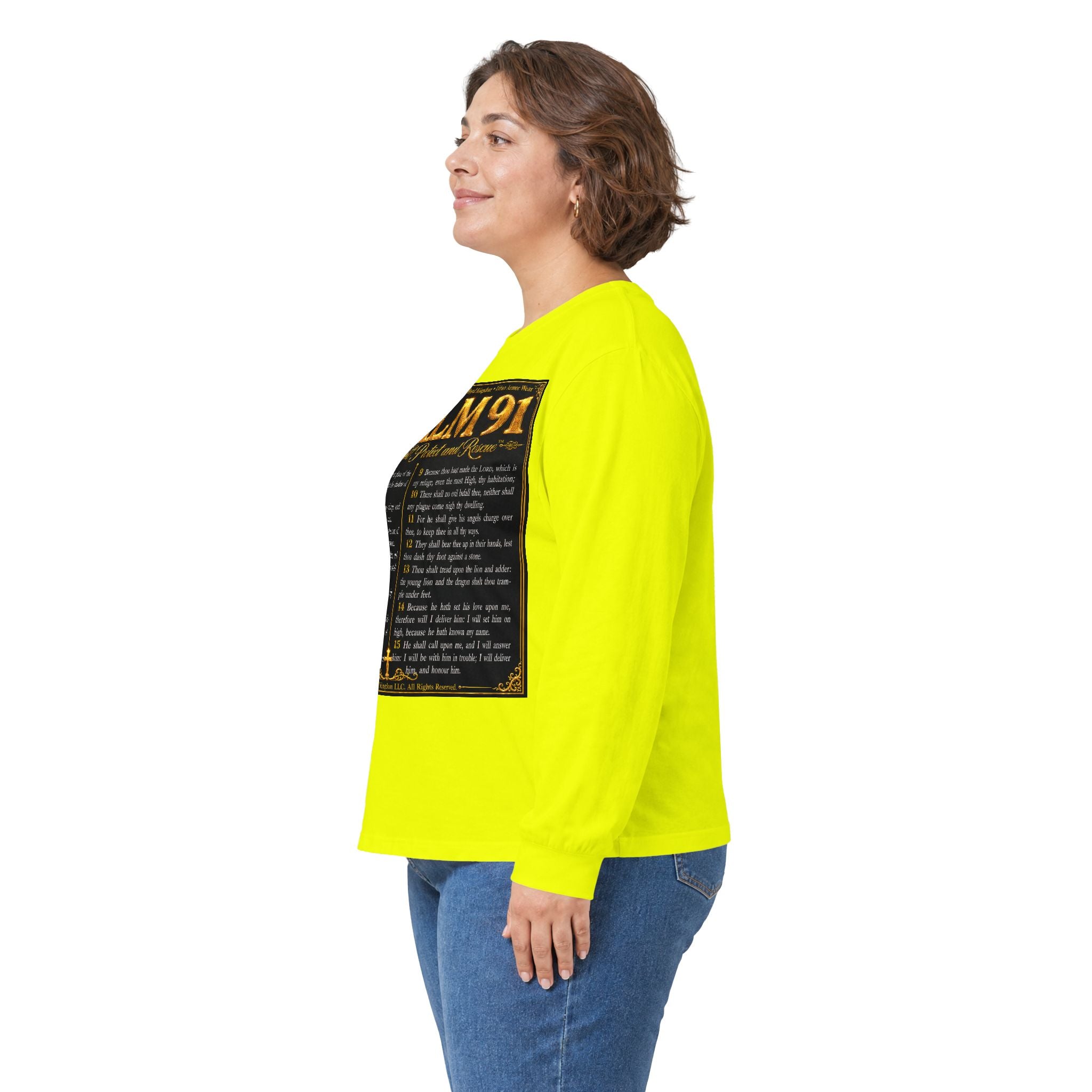 Psalm 91™ Long Sleeve Christian T-Shirt | God's Promise of Divine Protection | Premium Biblical Prayer Shirt | Luxury Faith-Based Scripture Apparel | GODiQ Royal Kingdom™ Urban Armor Wear