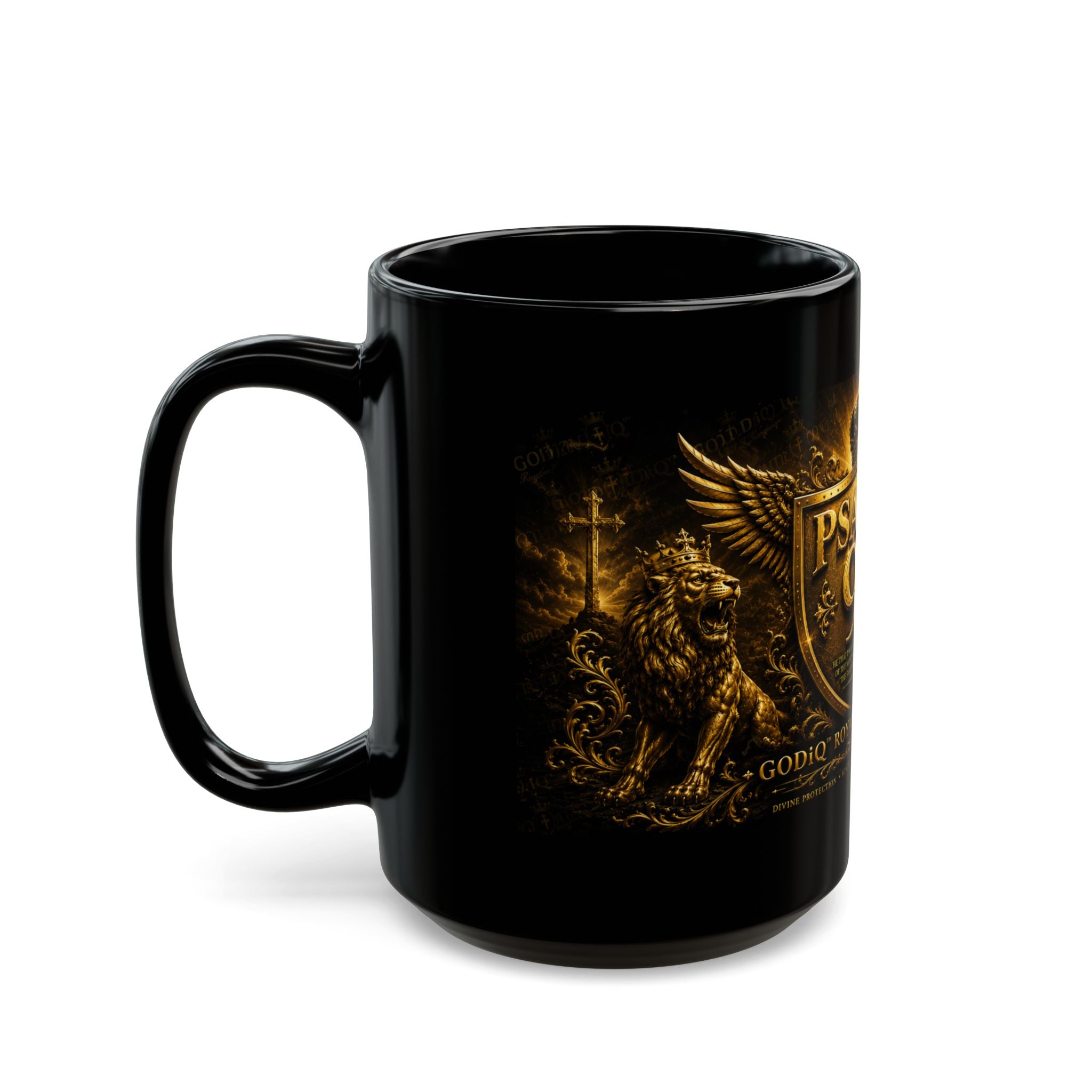 Psalms 91 Black Ceramic Mug – Religious Shield & Lion Design, Christian Coffee Cup (11oz/15oz)
