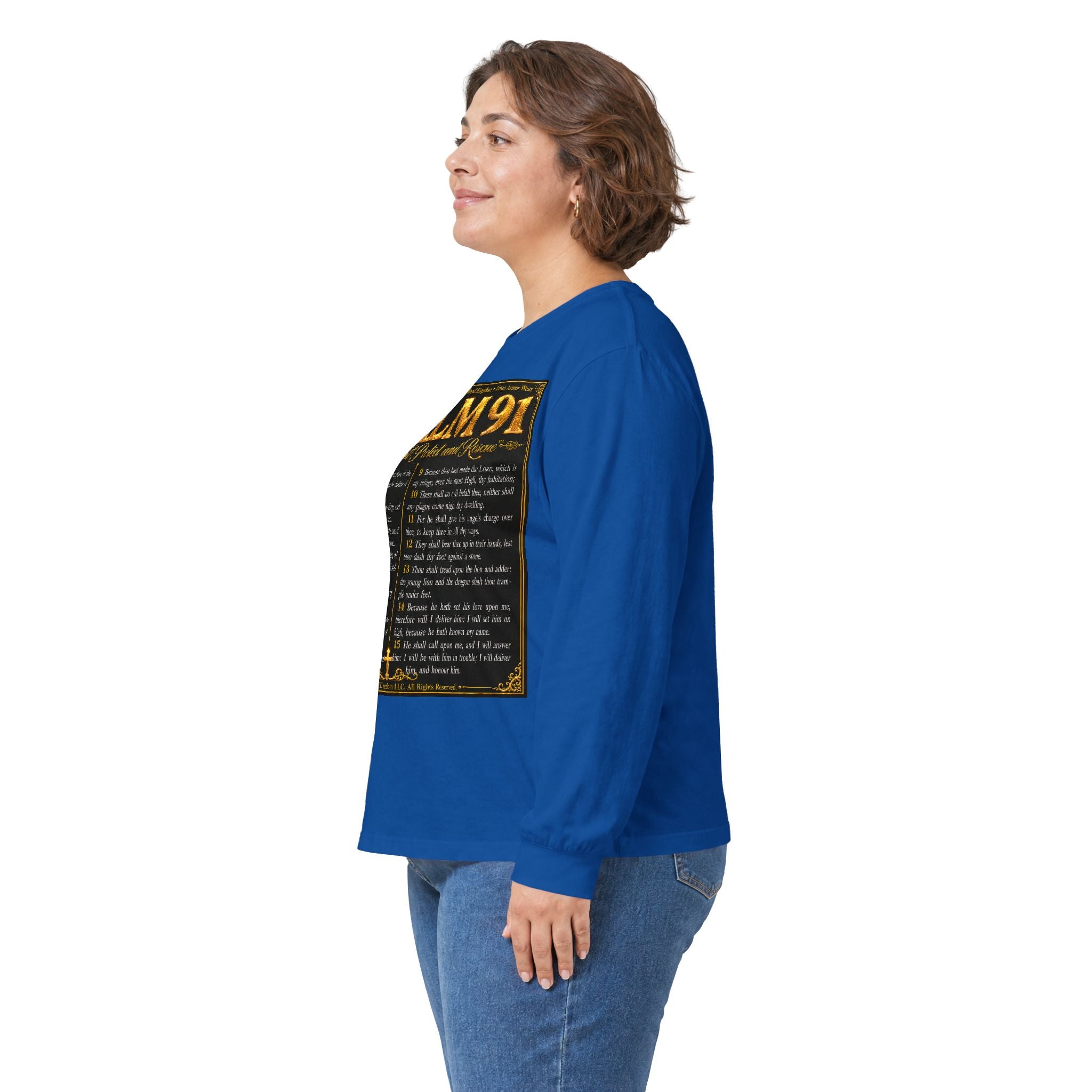 Psalm 91™ Long Sleeve Christian T-Shirt | God's Promise of Divine Protection | Premium Biblical Prayer Shirt | Luxury Faith-Based Scripture Apparel | GODiQ Royal Kingdom™ Urban Armor Wear
