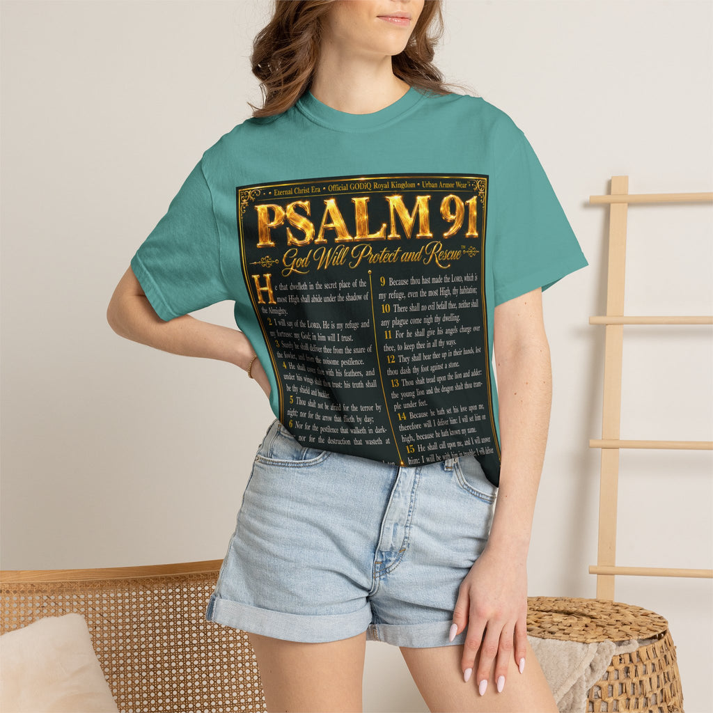 Psalm 91™ Christian Graphic T-Shirt – "God's Promise of Divine Protection" Luxury Garment-Dyed Scripture Tee | Premium Comfort Colors® 1717 | GODiQ Royal Kingdom™ Urban Armor Wear