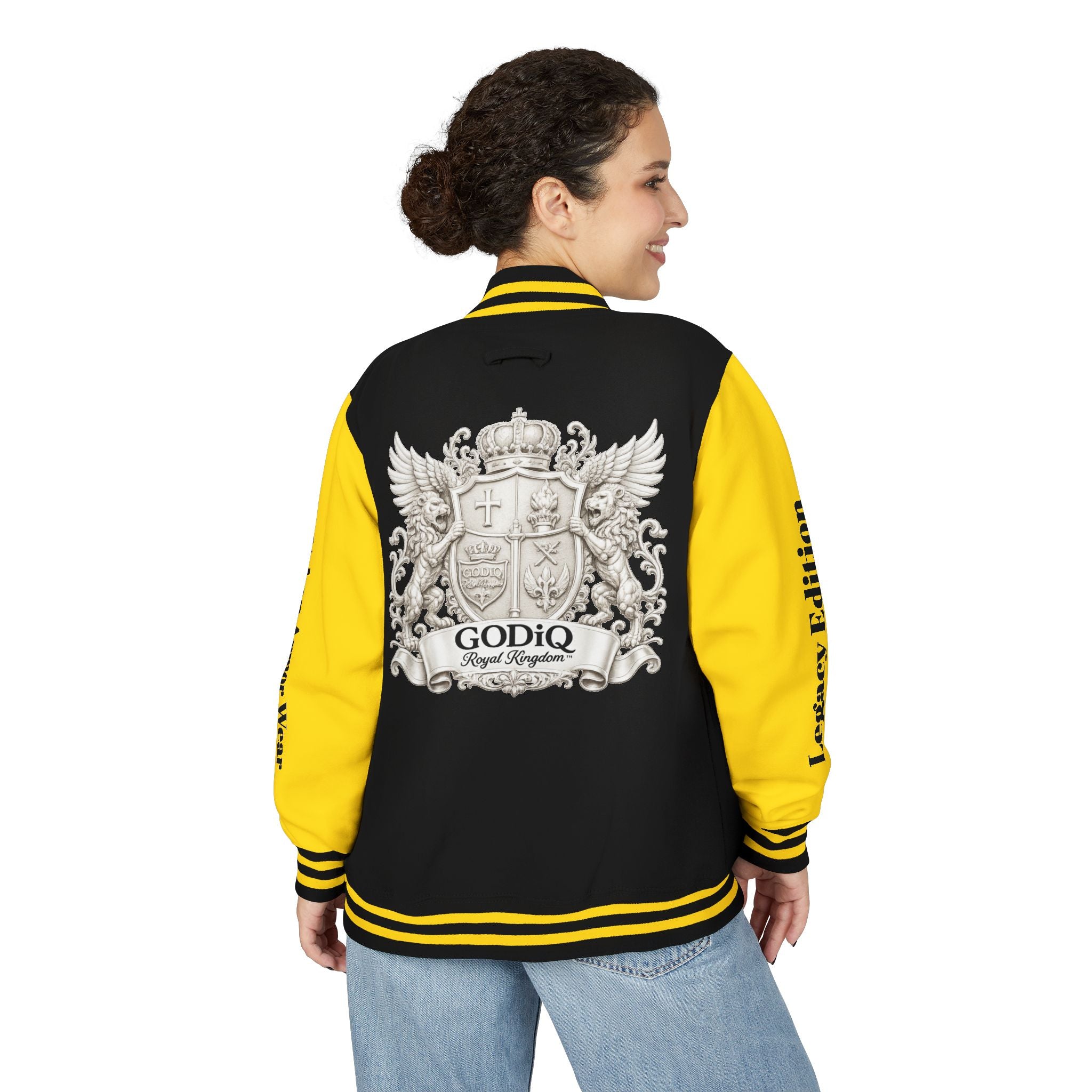 GODiQ Royal Kingdom™ Crest Letterman Jacket – Luxury Christian Varsity Jacket | Premium Heritage Streetwear | Urban Armor Wear™ Collegiate Bomber Coat