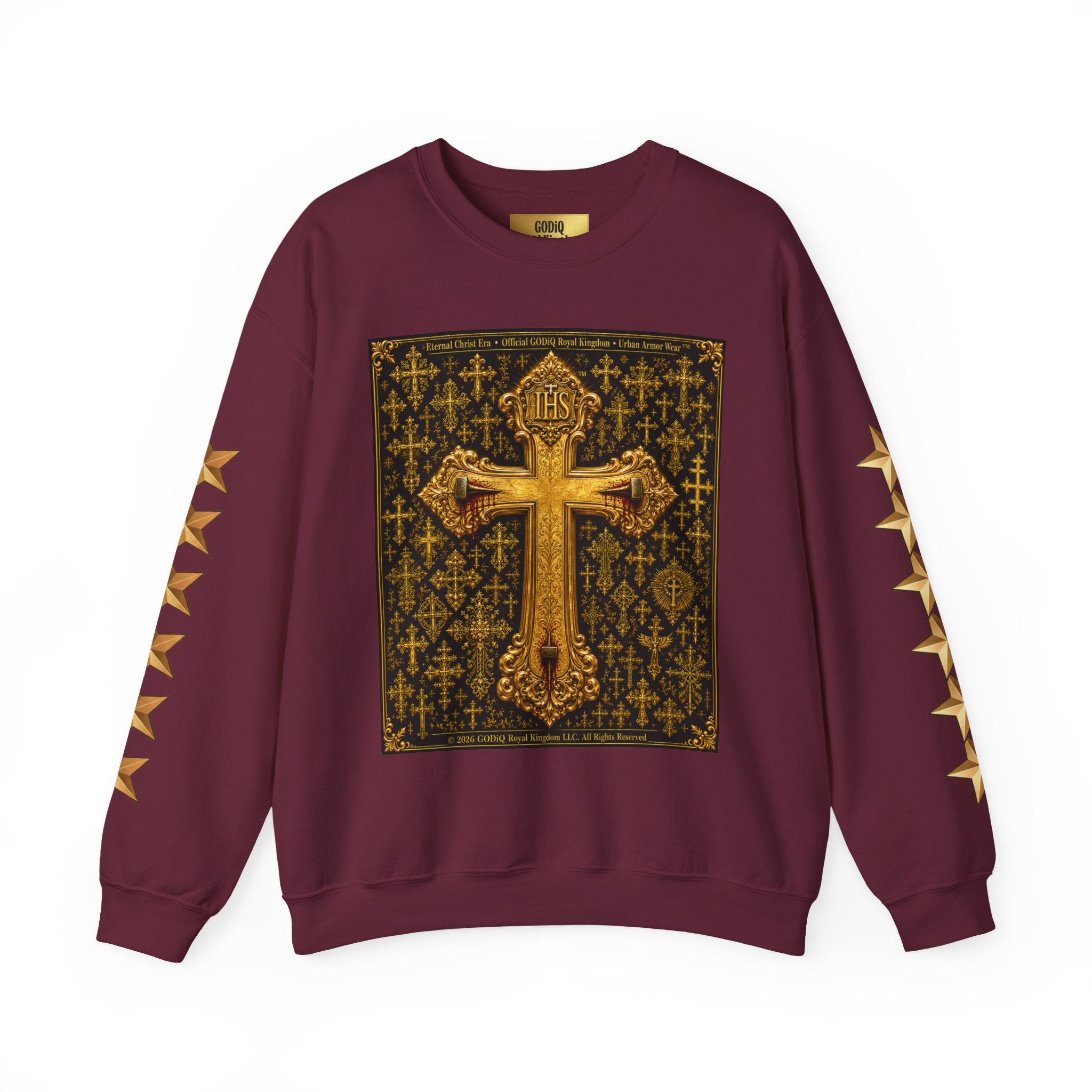 GODiQ Royal Kingdom™ Jesus Christ Died For Our Sins Crewneck Sweatshirt – Luxury 24K Gold Cross Christian Sweatshirt | Premium Faith Graphic Pullover | Religious Streetwear | Urban Armor Wear™