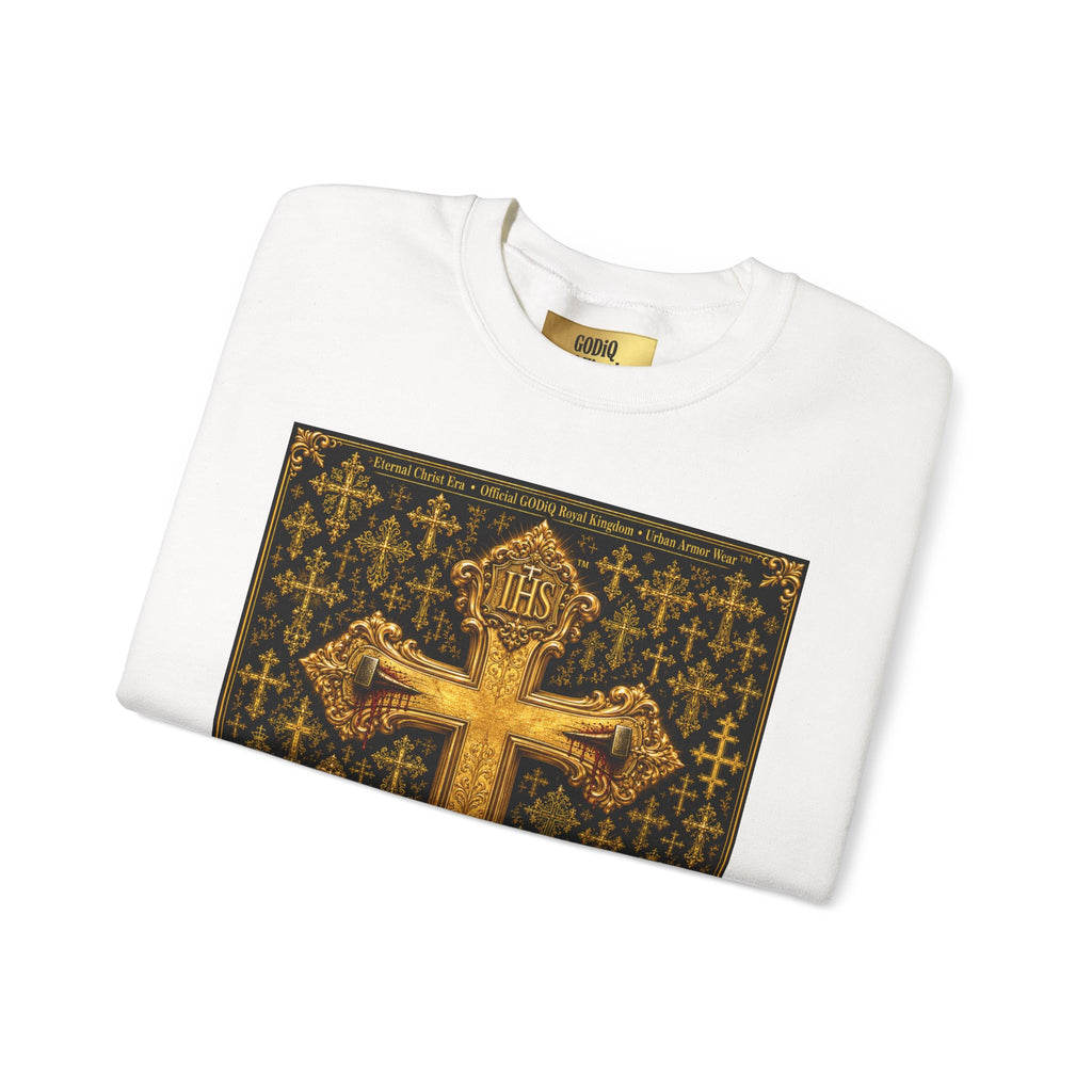 GODiQ Royal Kingdom™ Jesus Christ Died For Our Sins Crewneck Sweatshirt – Luxury 24K Gold Cross Christian Sweatshirt | Premium Faith Graphic Pullover | Religious Streetwear | Urban Armor Wear™