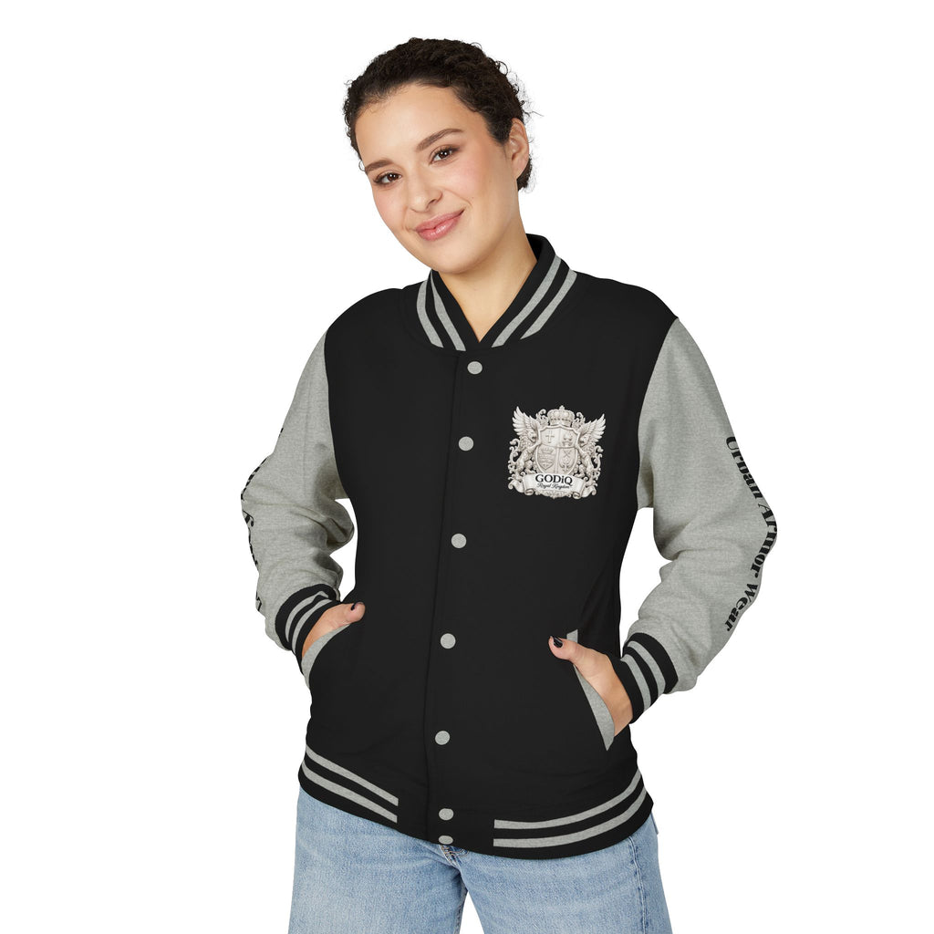 GODiQ Royal Kingdom™ Crest Letterman Jacket – Luxury Christian Varsity Jacket | Premium Heritage Streetwear | Urban Armor Wear™ Collegiate Bomber Coat