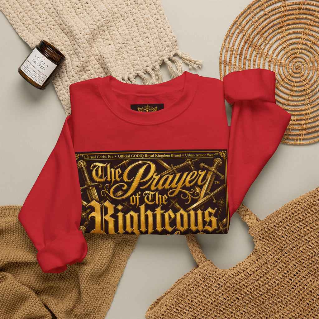 Prayer of the Righteous™ Crewneck Sweatshirt — James 5 Faith Graphic | Luxury Christian Streetwear | GODiQ Royal Kingdom™ Urban Armor Wear™