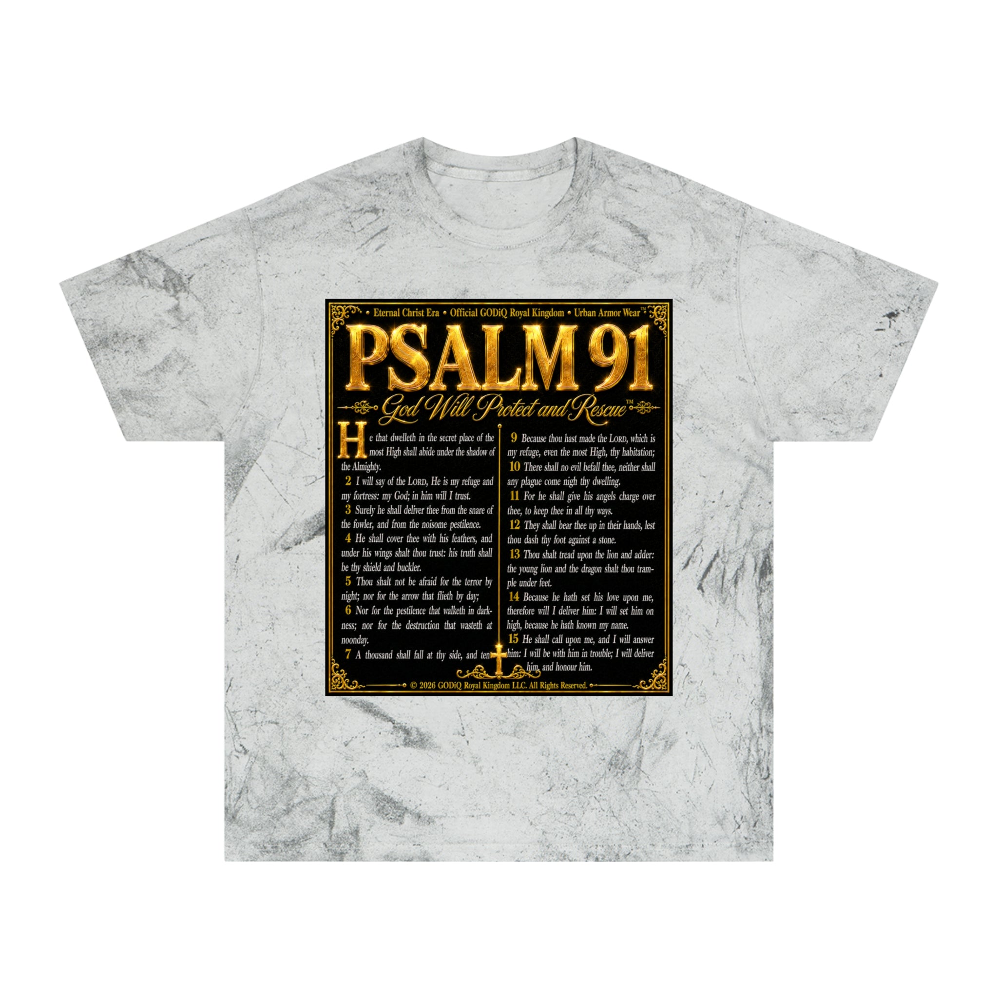 Psalm 91™ Divine Protection Graphic T-Shirt – Luxury Christian Scripture Tee | Premium Garment-Dyed Color Blast Faith Apparel | “God's Promise of Divine Protection” Vintage Cotton Shirt | GODiQ Royal...