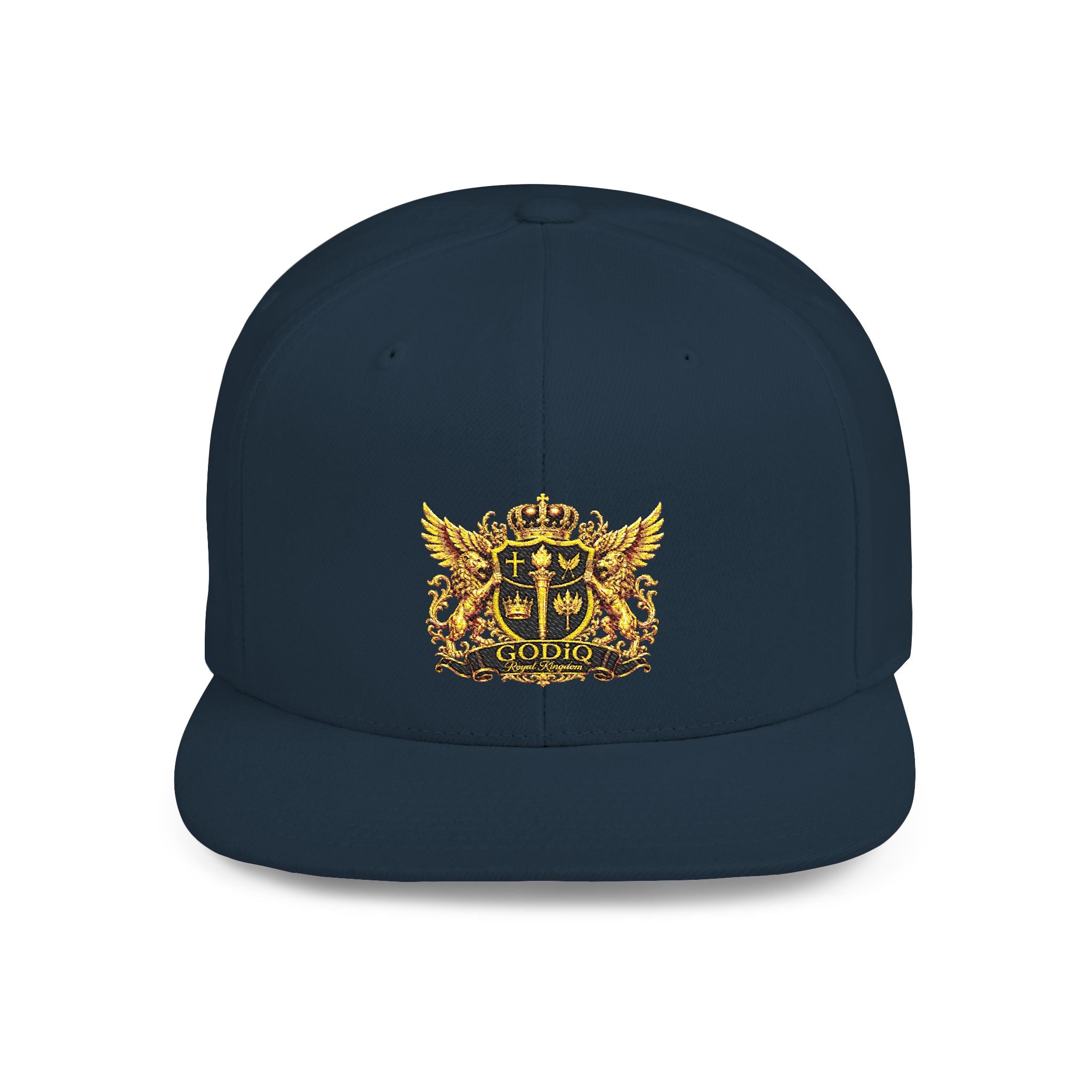 GODiQ Royal Kingdom™ Gold Crest Flat Bill Snapback Hat – Premium Embroidered Christian Heraldic Cap | Luxury Faith-Inspired Streetwear | Urban Armor™ Collection