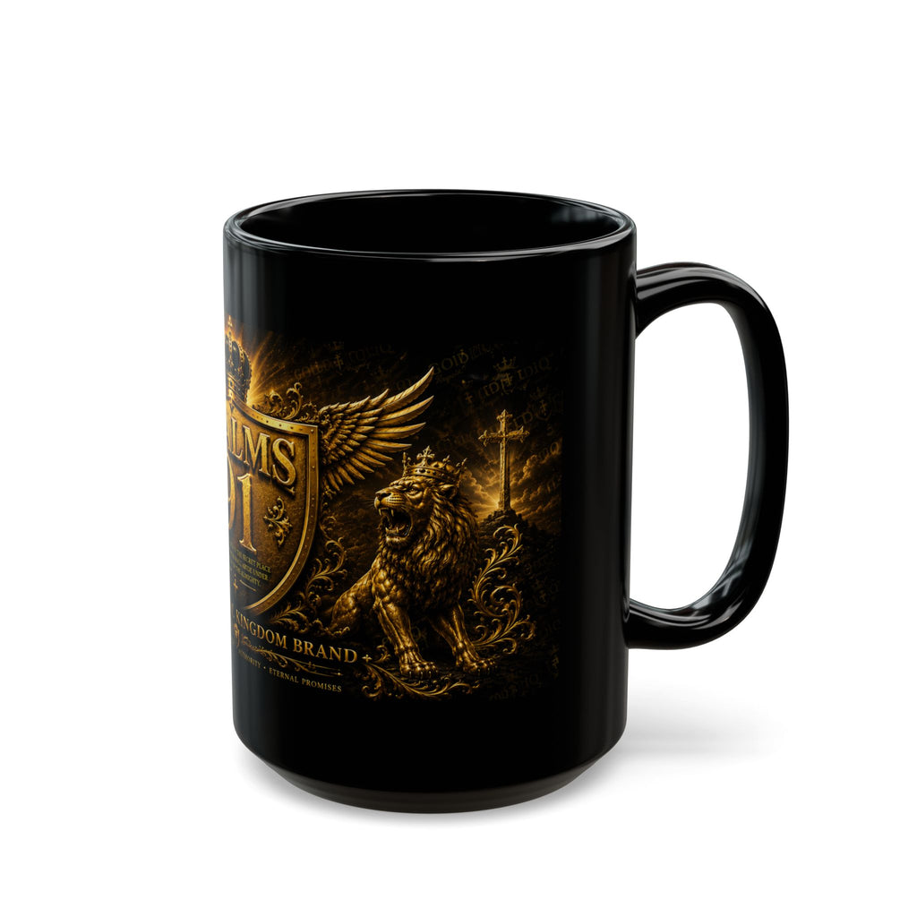 Psalms 91 Black Ceramic Mug – Religious Shield & Lion Design, Christian Coffee Cup (11oz/15oz)