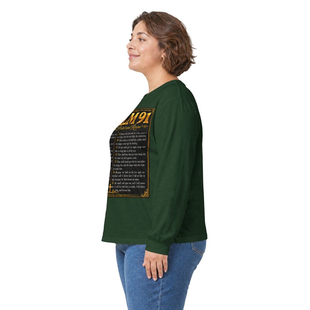 Psalm 91™ Long Sleeve Christian T-Shirt | God's Promise of Divine Protection | Premium Biblical Prayer Shirt | Luxury Faith-Based Scripture Apparel | GODiQ Royal Kingdom™ Urban Armor Wear