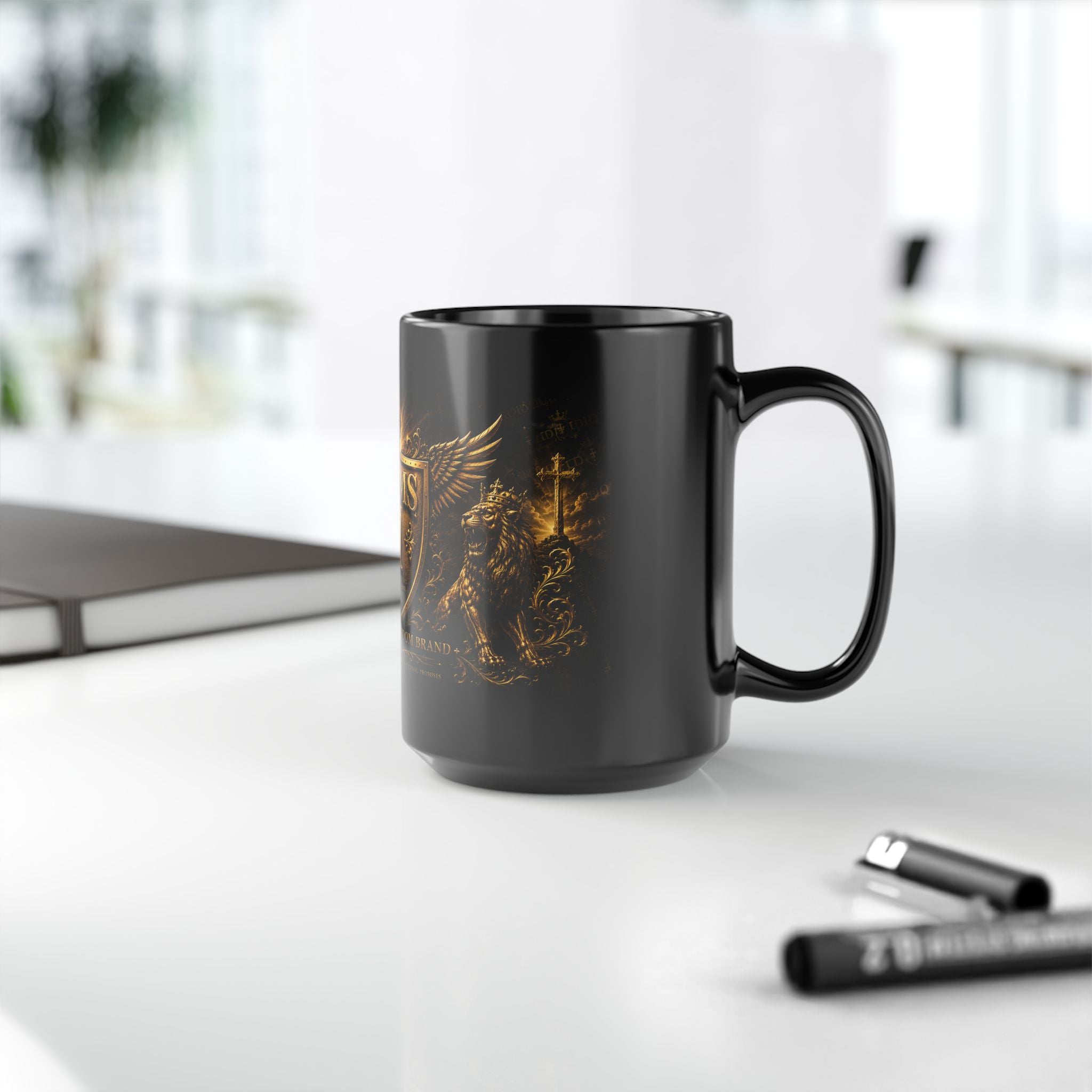 Psalms 91 Black Ceramic Mug – Religious Shield & Lion Design, Christian Coffee Cup (11oz/15oz)