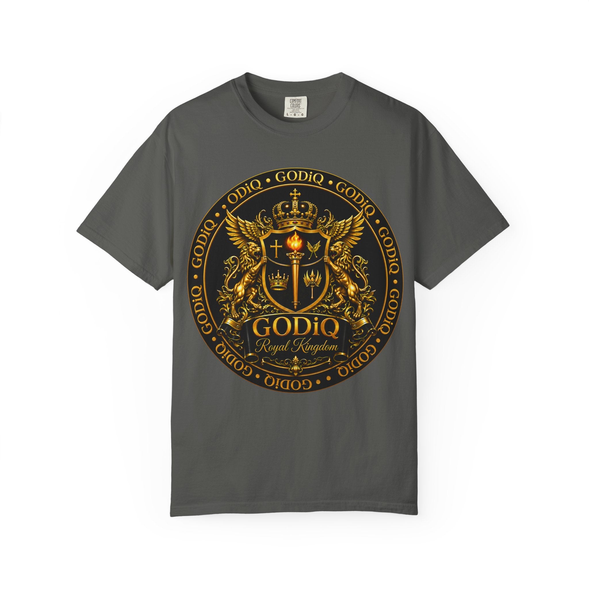 GODiQ Royal Kingdom™ Royal Crest T-Shirt – Luxury Christian Coat of Arms Graphic Tee | Premium Garment-Dyed Faith Apparel | Regal Kingdom Streetwear