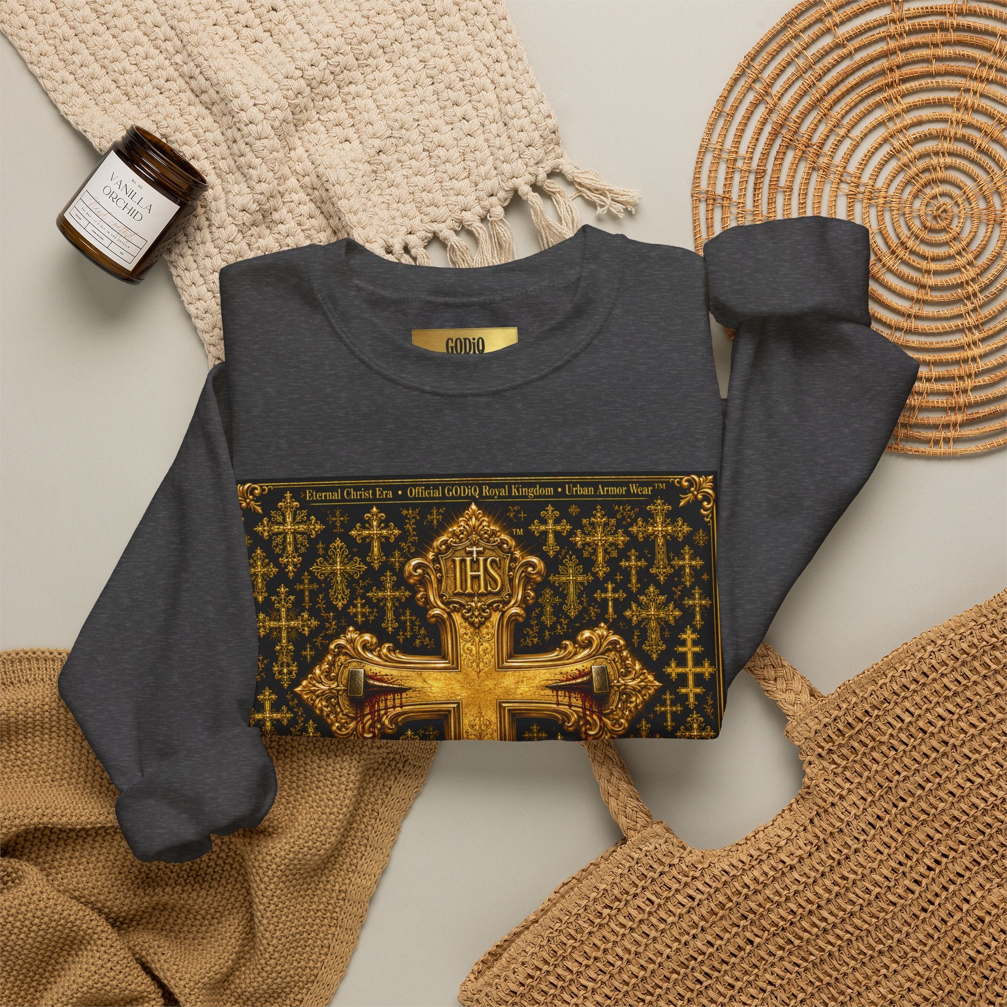 GODiQ Royal Kingdom™ Jesus Christ Died For Our Sins Crewneck Sweatshirt – Luxury 24K Gold Cross Christian Sweatshirt | Premium Faith Graphic Pullover | Religious Streetwear | Urban Armor Wear™