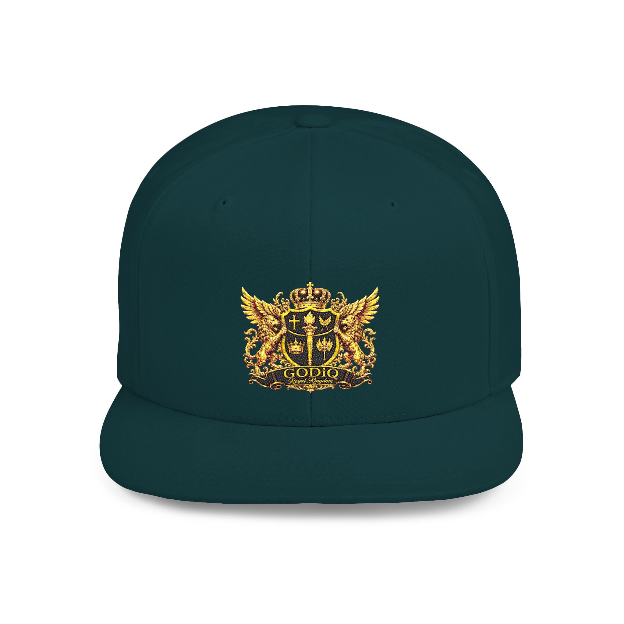 GODiQ Royal Kingdom™ Gold Crest Flat Bill Snapback Hat – Premium Embroidered Christian Heraldic Cap | Luxury Faith-Inspired Streetwear | Urban Armor™ Collection
