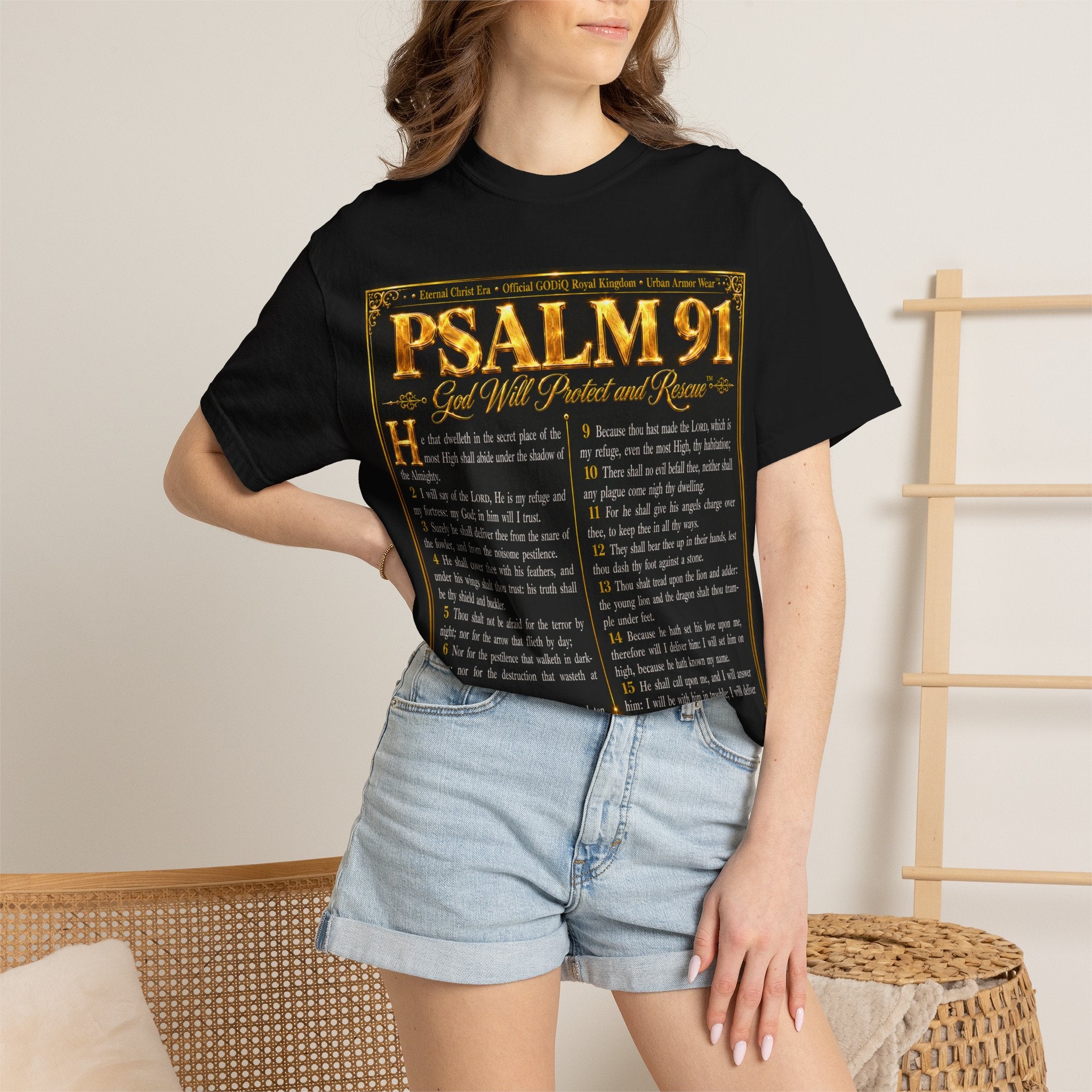 Psalm 91™ Christian Graphic T-Shirt – "God's Promise of Divine Protection" Luxury Garment-Dyed Scripture Tee | Premium Comfort Colors® 1717 | GODiQ Royal Kingdom™ Urban Armor Wear