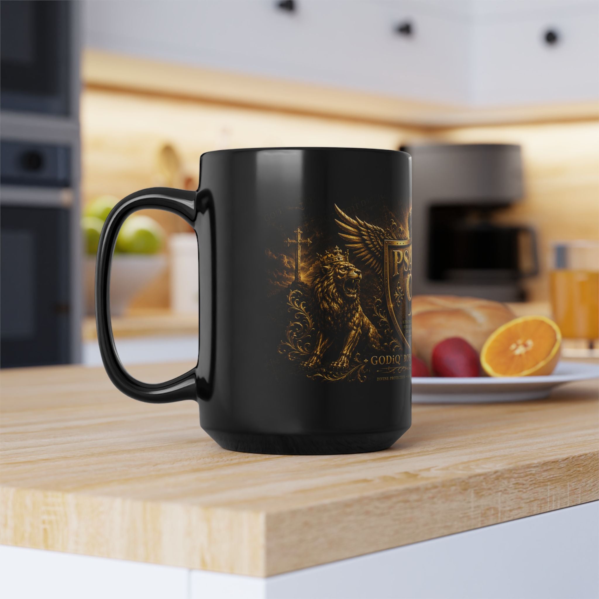 Psalms 91 Black Ceramic Mug – Religious Shield & Lion Design, Christian Coffee Cup (11oz/15oz)