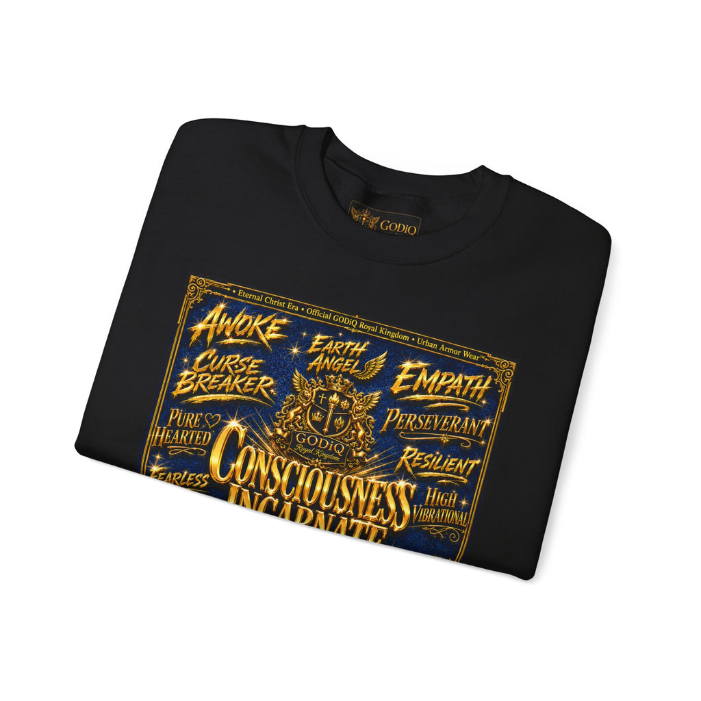 Consciousness Incarnate™ Crewneck Sweatshirt – Luxury Christian Graphic Sweatshirt | "Awake For All Eternity" Premium Kingdom Apparel | GODiQ Royal Kingdom™ Urban Armor Wear