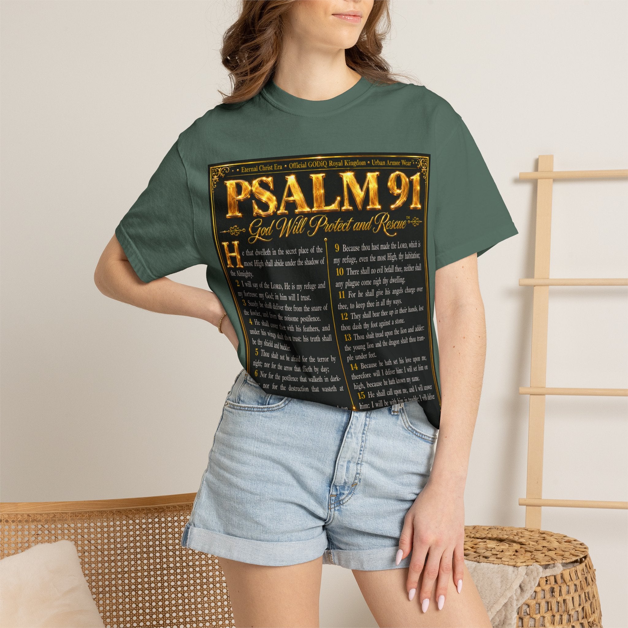 Psalm 91™ Christian Graphic T-Shirt – "God's Promise of Divine Protection" Luxury Garment-Dyed Scripture Tee | Premium Comfort Colors® 1717 | GODiQ Royal Kingdom™ Urban Armor Wear