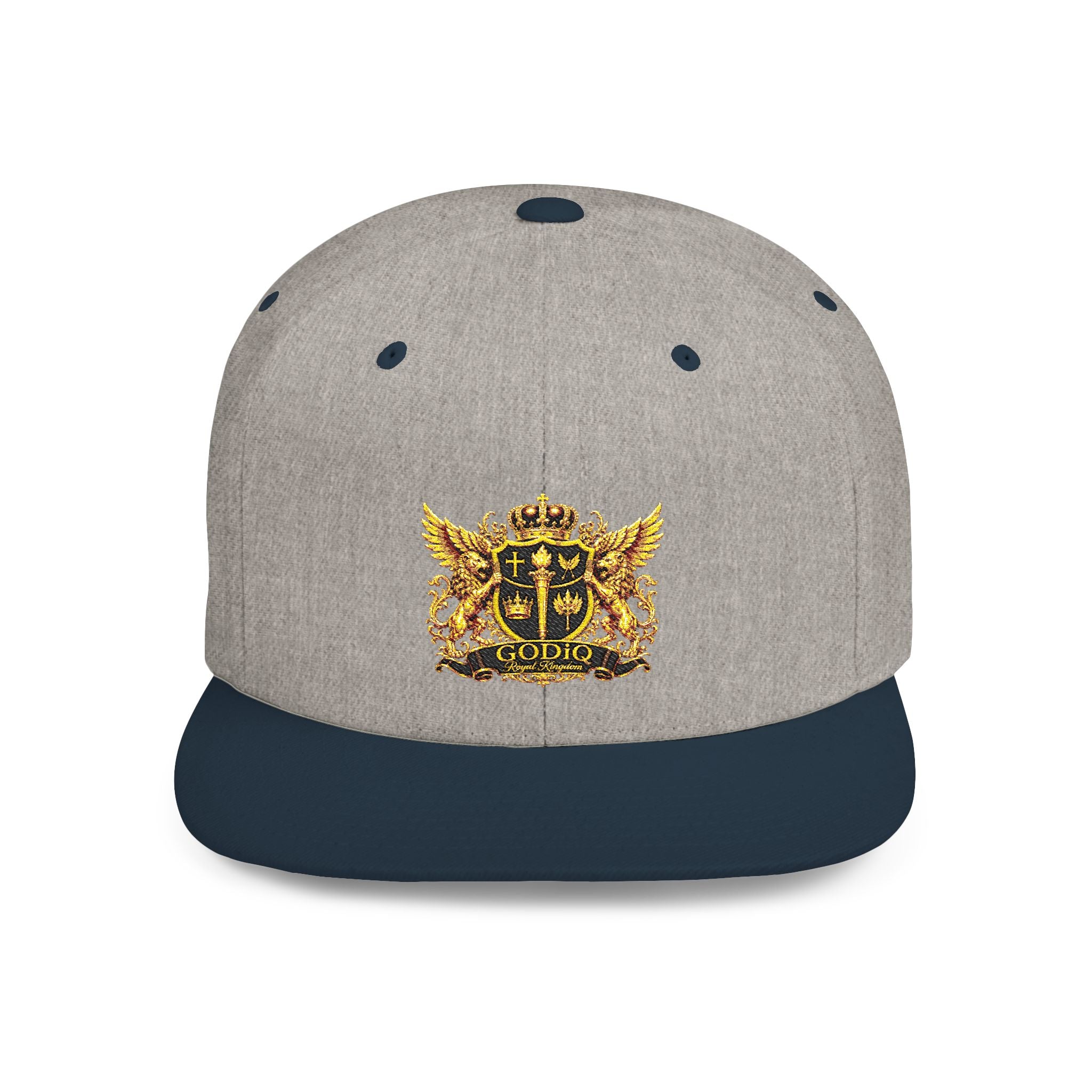 GODiQ Royal Kingdom™ Gold Crest Flat Bill Snapback Hat – Premium Embroidered Christian Heraldic Cap | Luxury Faith-Inspired Streetwear | Urban Armor™ Collection