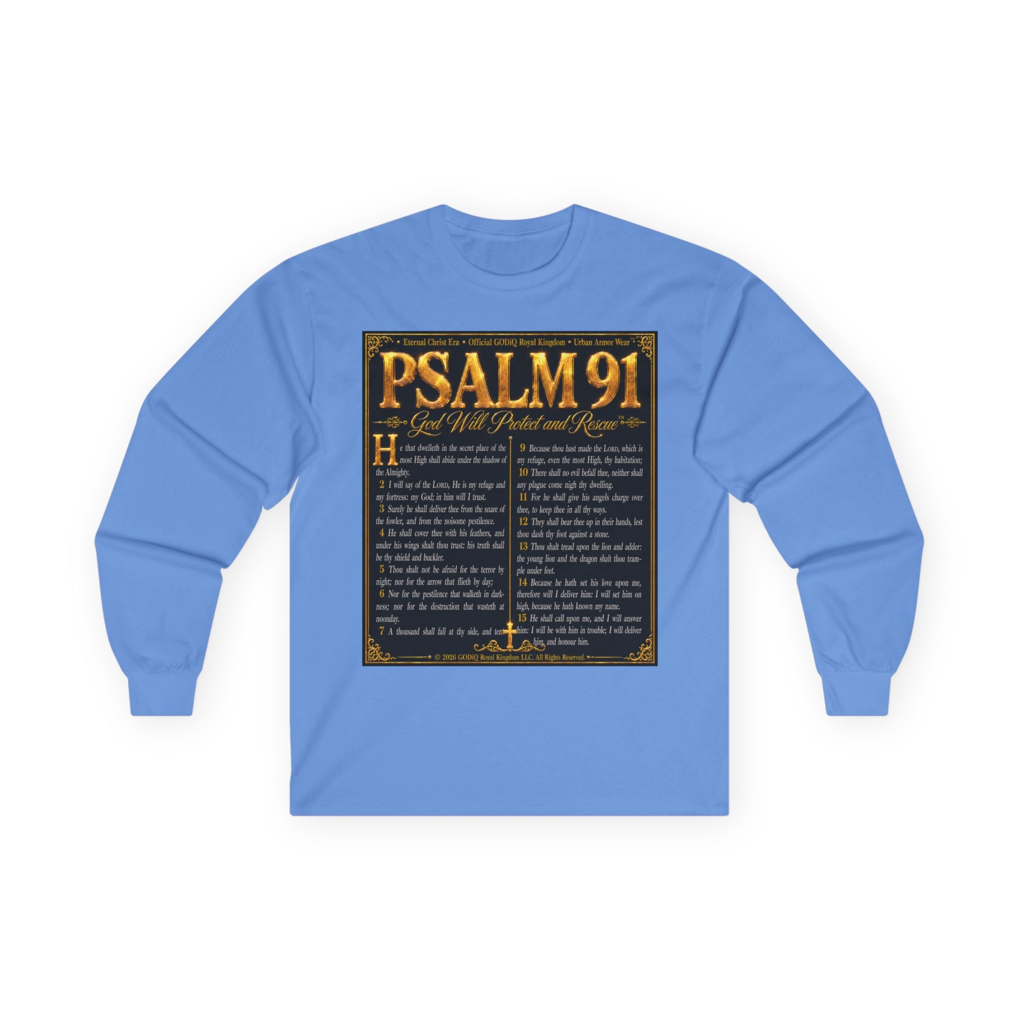 Psalm 91™ Long Sleeve Christian T-Shirt | God's Promise of Divine Protection | Premium Biblical Prayer Shirt | Luxury Faith-Based Scripture Apparel | GODiQ Royal Kingdom™ Urban Armor Wear