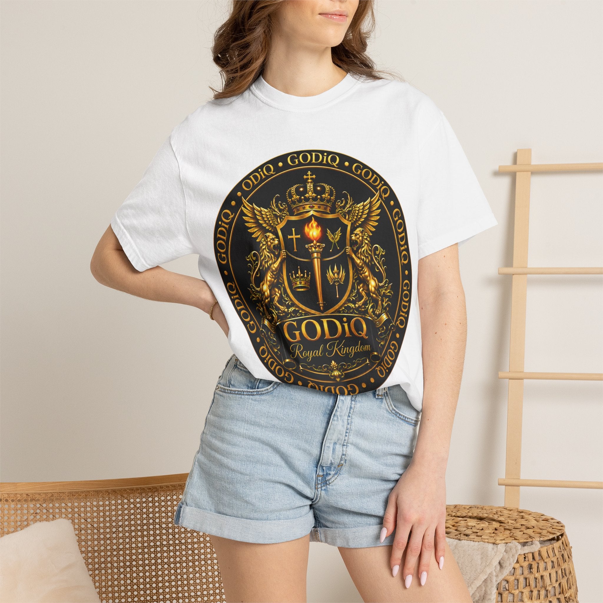 GODiQ Royal Kingdom™ Royal Crest T-Shirt – Luxury Christian Coat of Arms Graphic Tee | Premium Garment-Dyed Faith Apparel | Regal Kingdom Streetwear