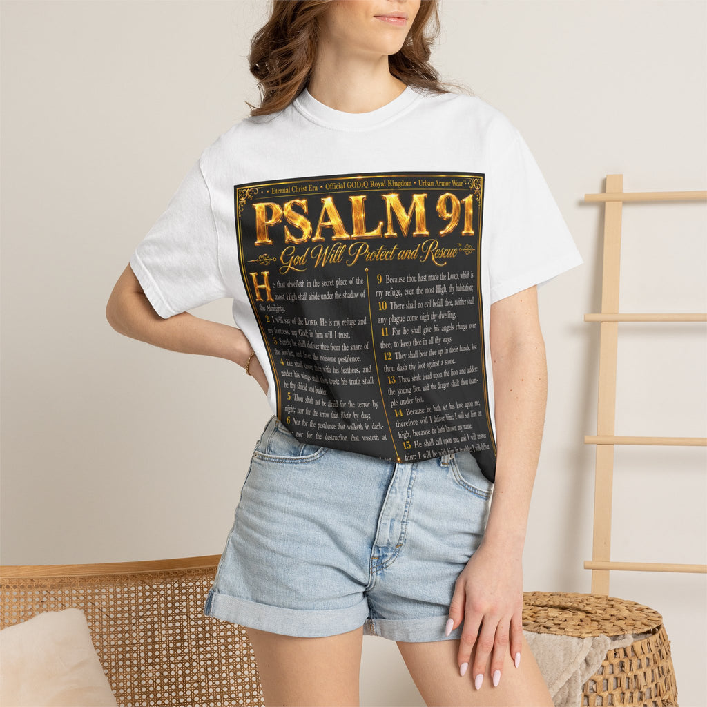 Psalm 91™ Christian Graphic T-Shirt – "God's Promise of Divine Protection" Luxury Garment-Dyed Scripture Tee | Premium Comfort Colors® 1717 | GODiQ Royal Kingdom™ Urban Armor Wear