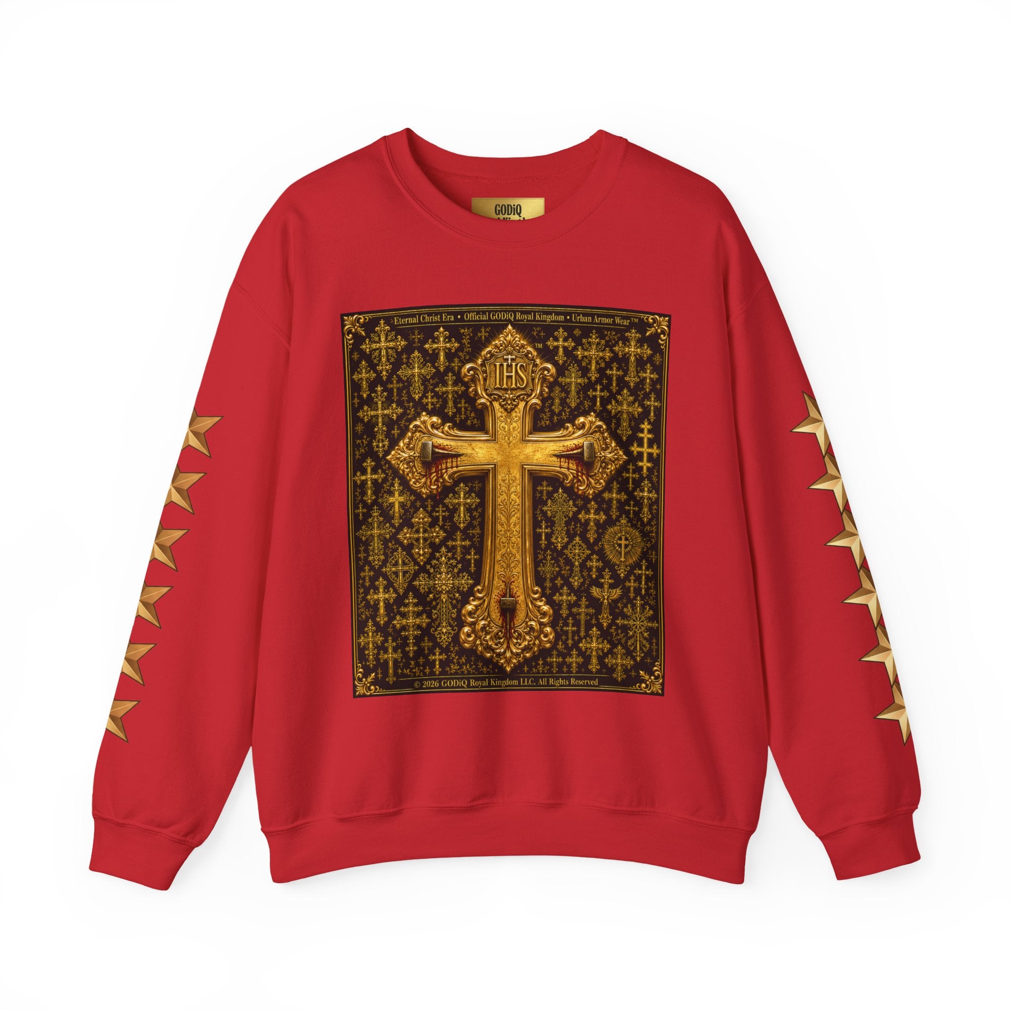 GODiQ Royal Kingdom™ Jesus Christ Died For Our Sins Crewneck Sweatshirt – Luxury 24K Gold Cross Christian Sweatshirt | Premium Faith Graphic Pullover | Religious Streetwear | Urban Armor Wear™
