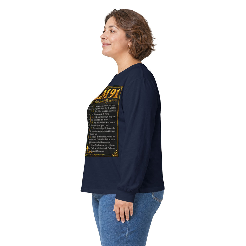 Psalm 91™ Long Sleeve Christian T-Shirt | God's Promise of Divine Protection | Premium Biblical Prayer Shirt | Luxury Faith-Based Scripture Apparel | GODiQ Royal Kingdom™ Urban Armor Wear