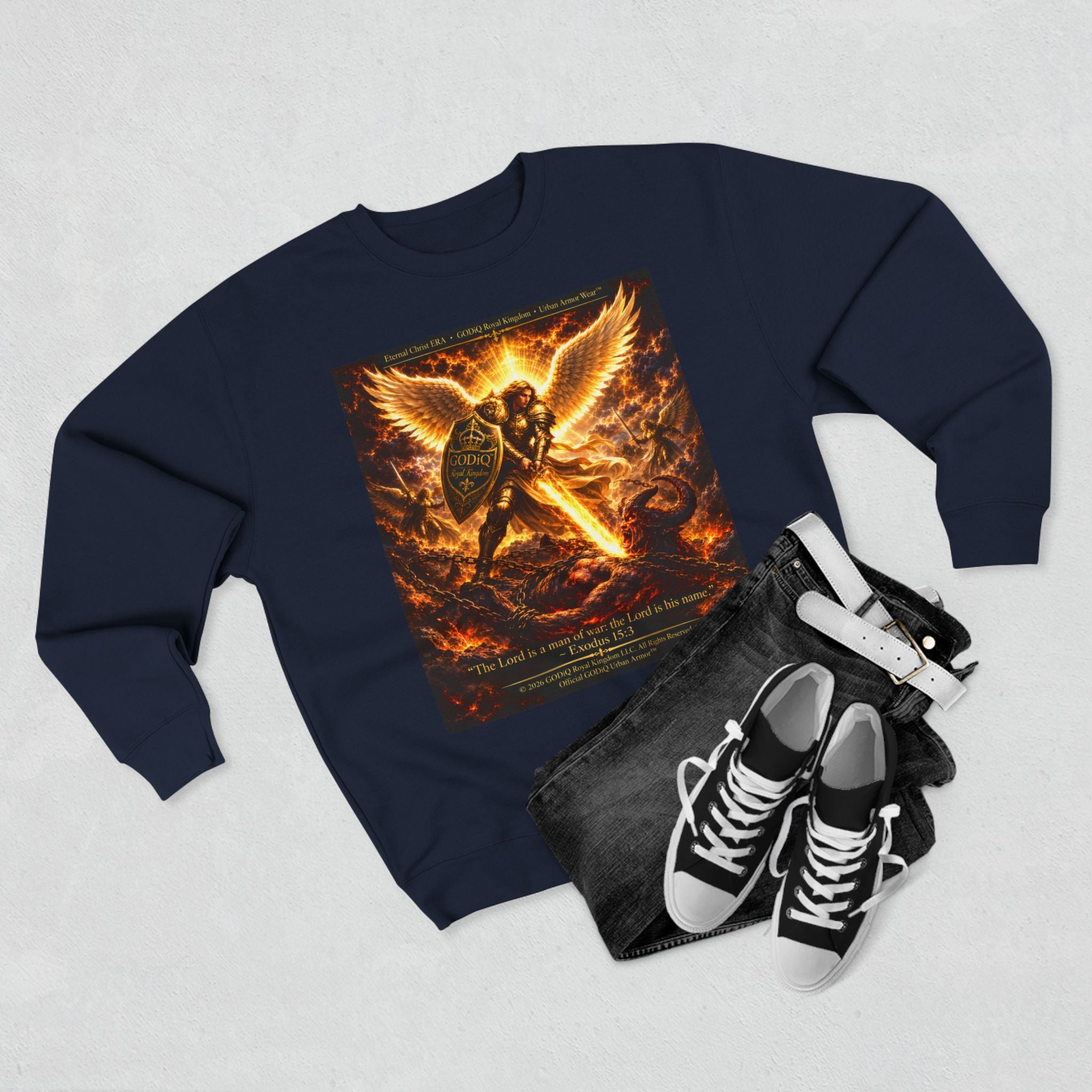 GODiQ™ Royal Kingdom Urban Armor™ "The Sword of the Spirit" Christian Crewneck Sweatshirt | Luxury Spiritual Warfare Graphic Sweatshirt | Premium Faith-Based Apparel