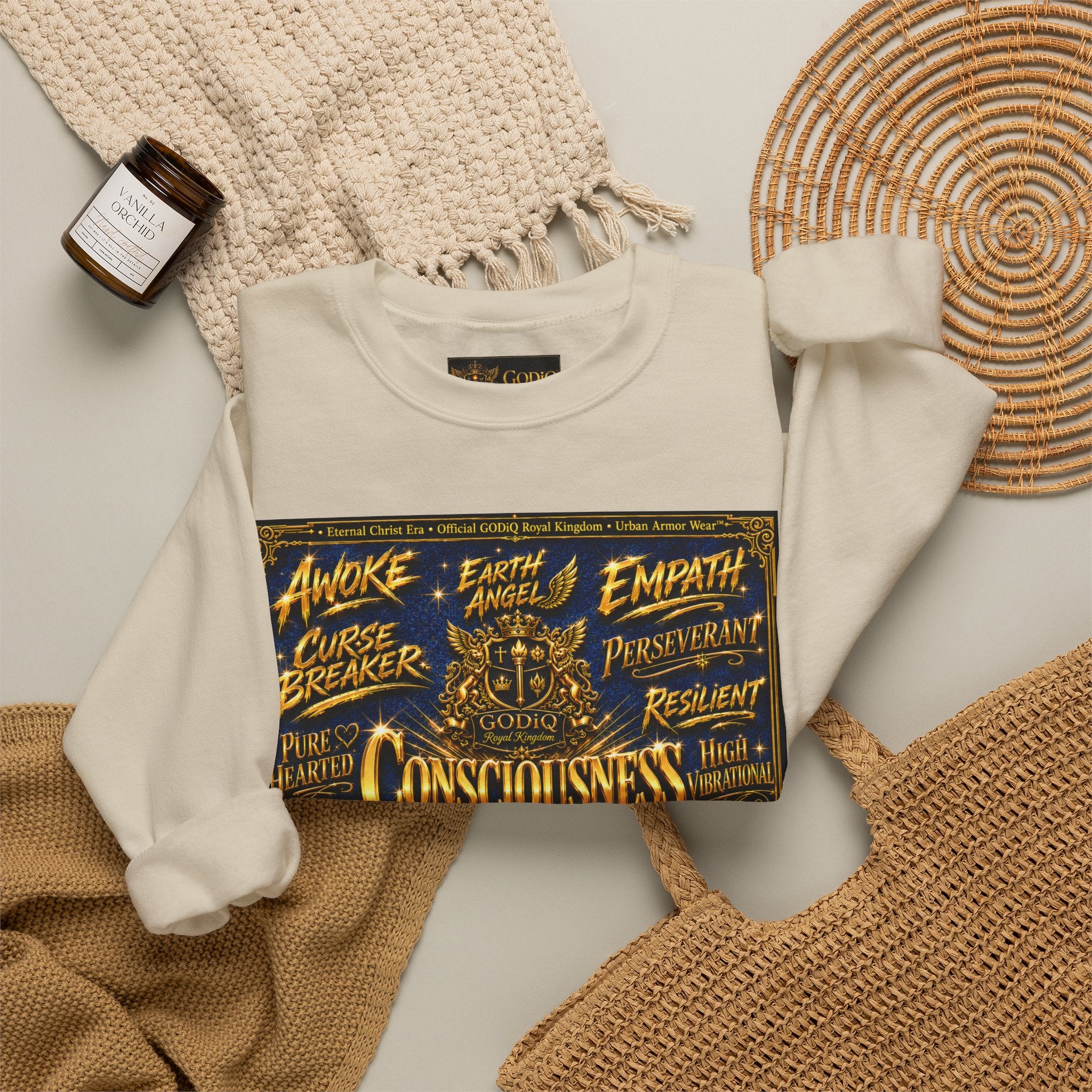 Consciousness Incarnate™ Crewneck Sweatshirt – Luxury Christian Graphic Sweatshirt | "Awake For All Eternity" Premium Kingdom Apparel | GODiQ Royal Kingdom™ Urban Armor Wear